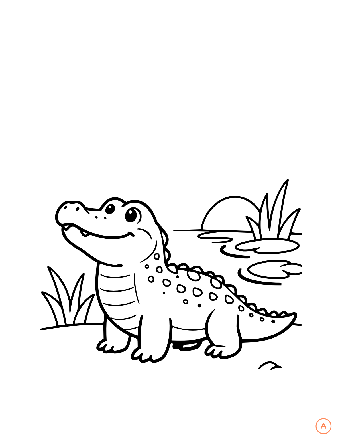 Alligator coloring page for the letter A, bold outlines for small hands