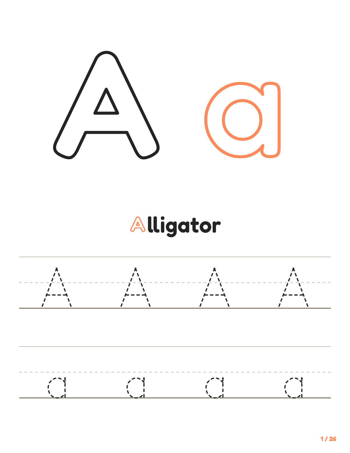 Letter A tracing worksheet: uppercase and lowercase A to trace, with the word Alligator