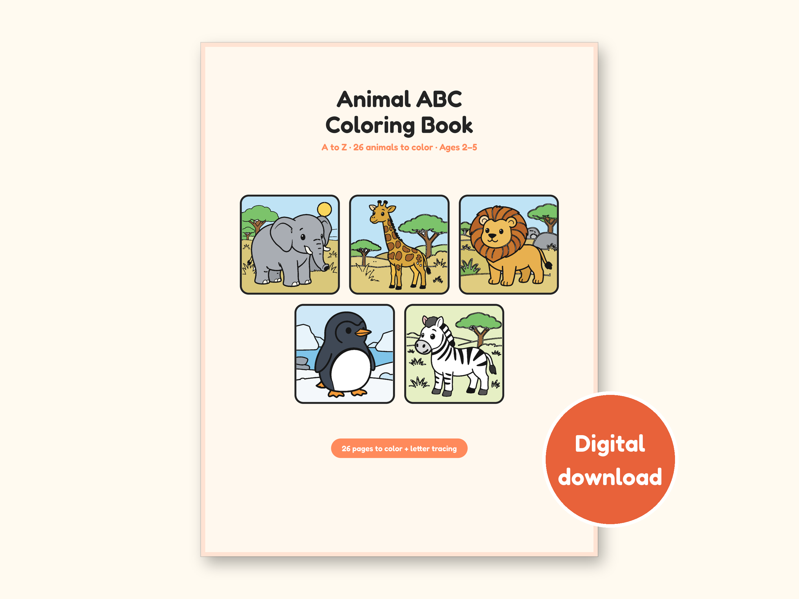 Animal ABC Coloring Book | Letter Tracing for Kids Ages 2-5 (Digital PDF): cover of the printable PDF, a digital download