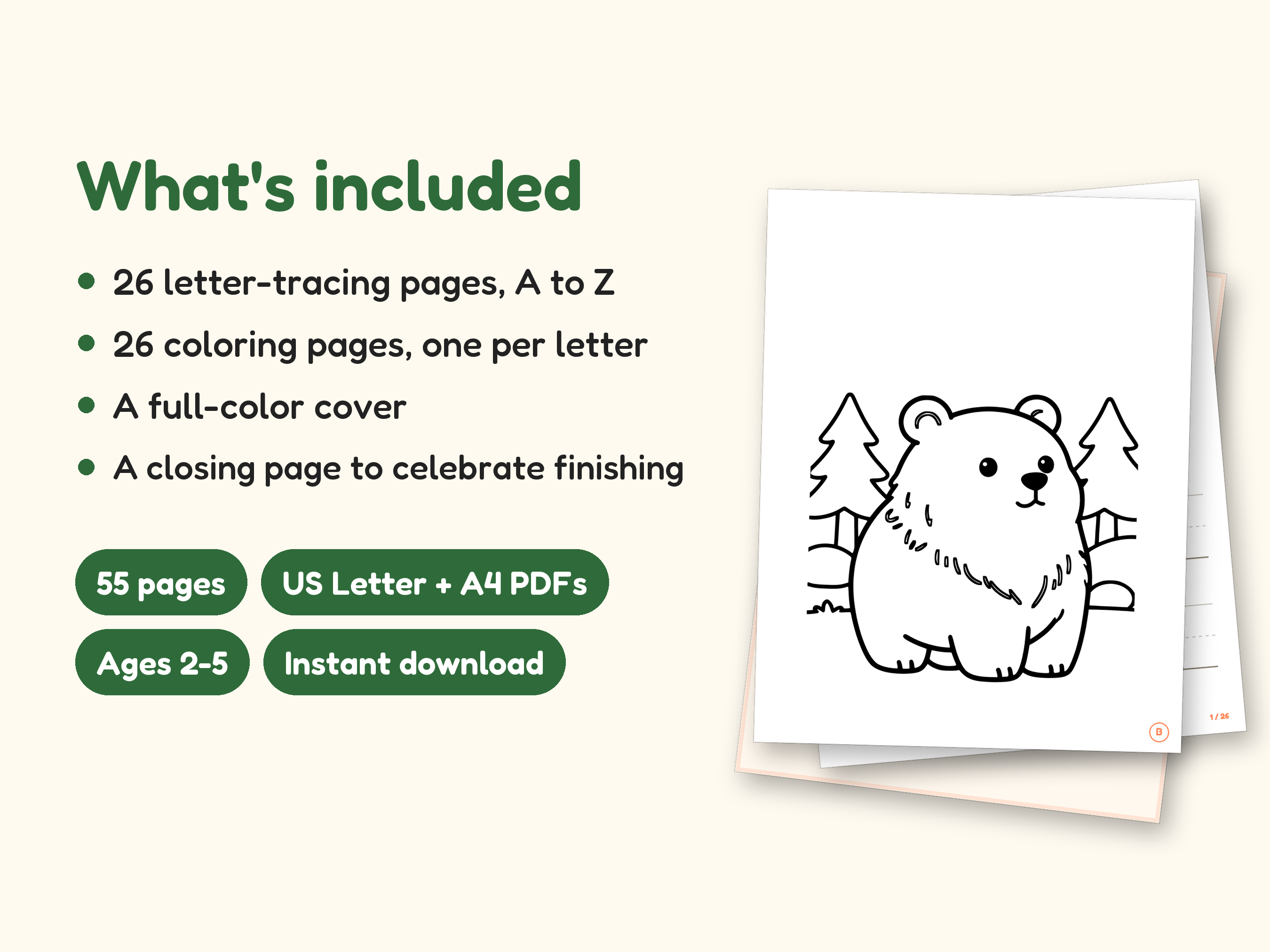 Animal ABC Coloring Book | Letter Tracing for Kids Ages 2-5 (Digital PDF): what's included -- 55 pages, US Letter + A4 PDFs, Ages 2-5, Instant download