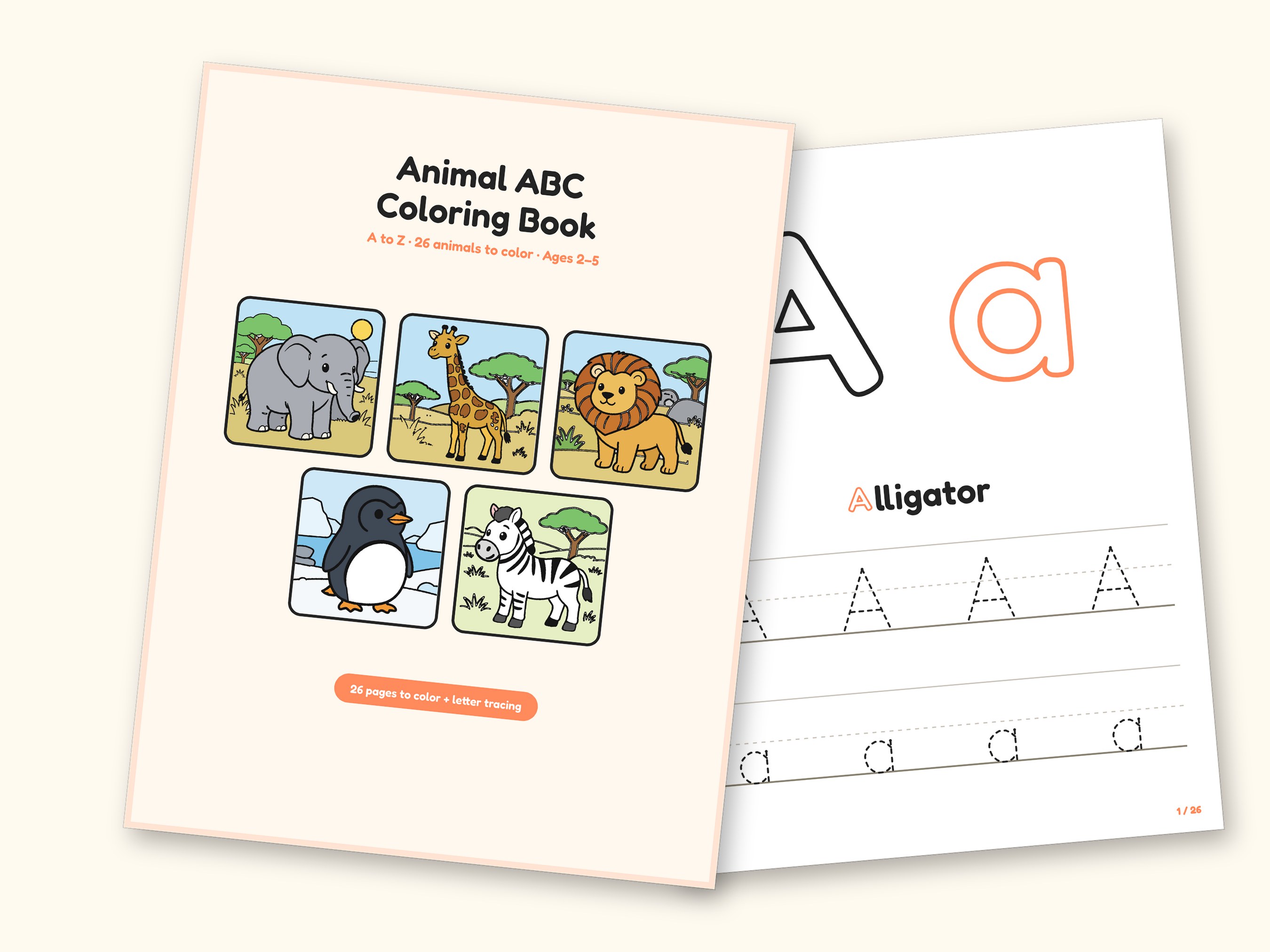 Animal ABC Coloring Book | Letter Tracing for Kids Ages 2-5 (Digital PDF): cover and an inside page