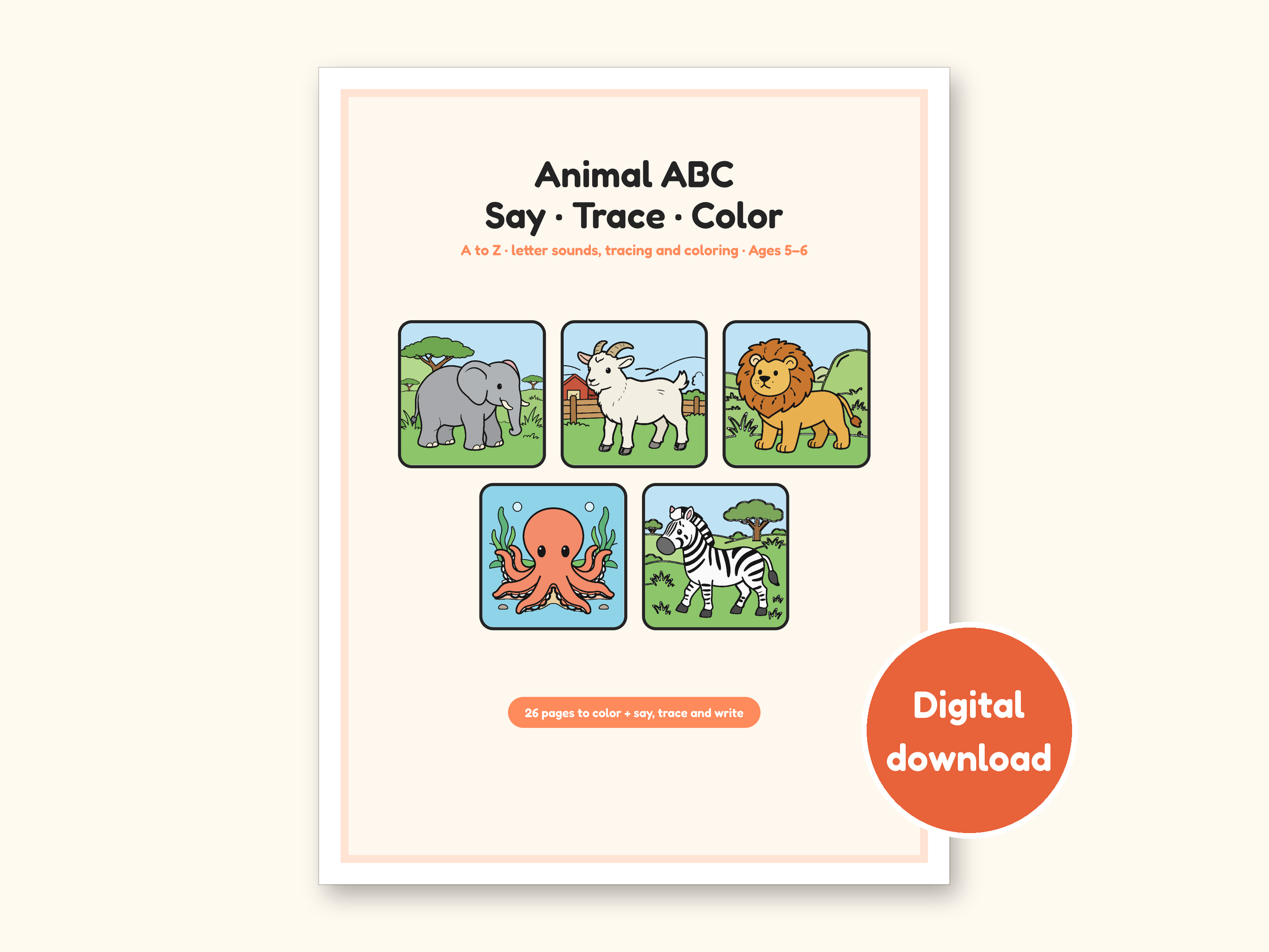 Animal Coloring Pages | ABC Letter Tracing for Kids Ages 5-6 (Digital PDF): cover of the printable PDF, a digital download