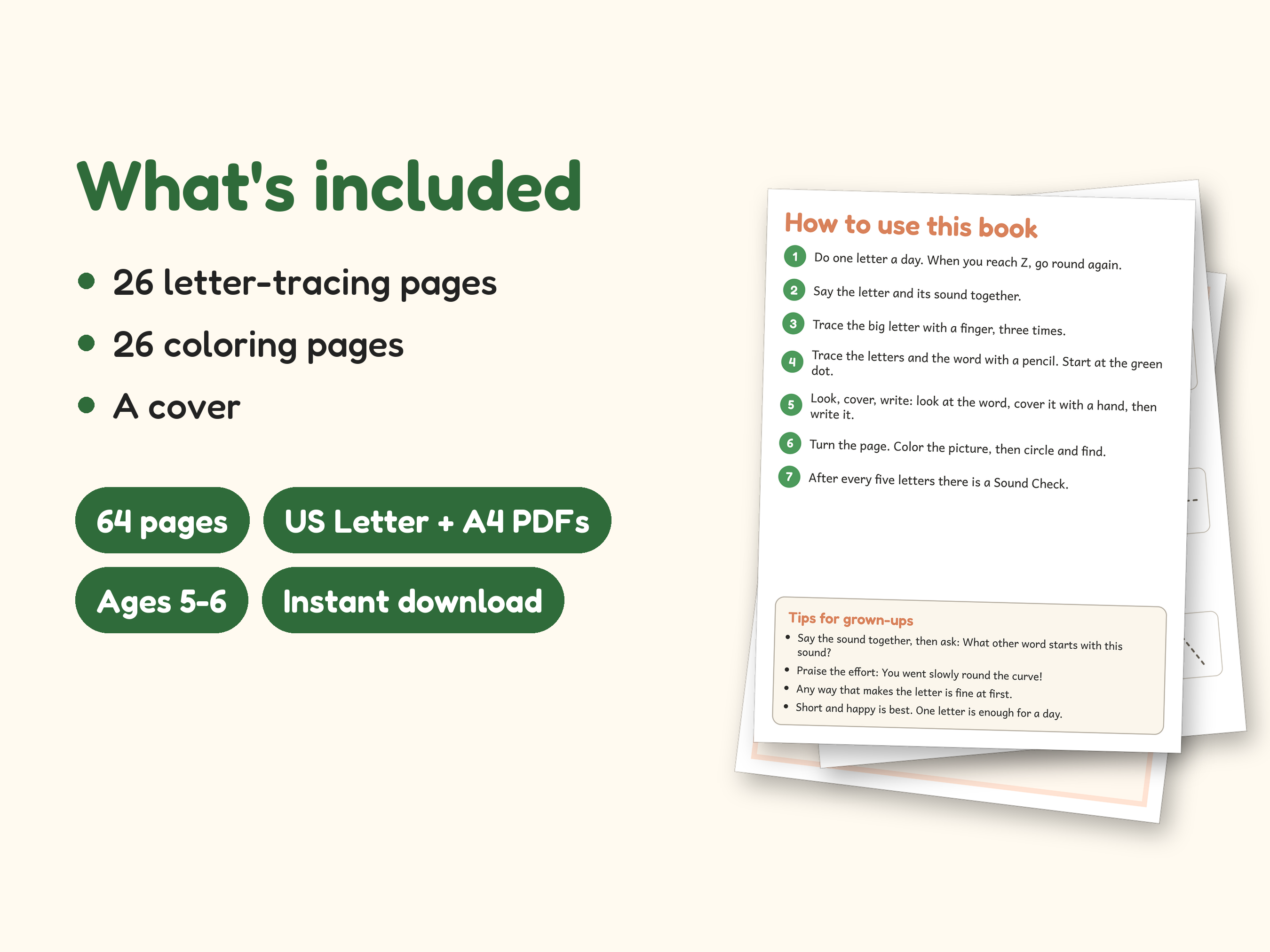 Animal Coloring Pages | ABC Letter Tracing for Kids Ages 5-6 (Digital PDF): what's included -- 64 pages, US Letter + A4 PDFs, Ages 5-6, Instant download