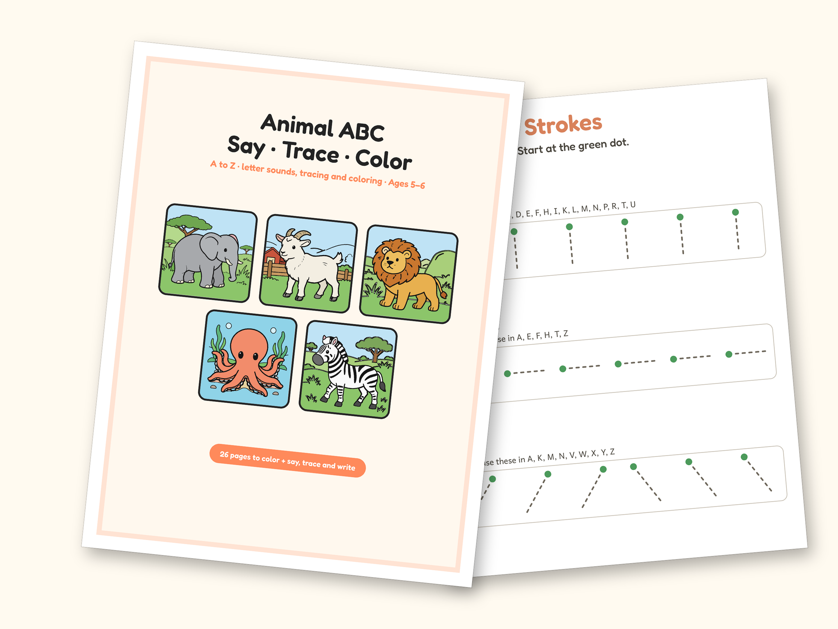 Animal Coloring Pages | ABC Letter Tracing for Kids Ages 5-6 (Digital PDF): cover and an inside page