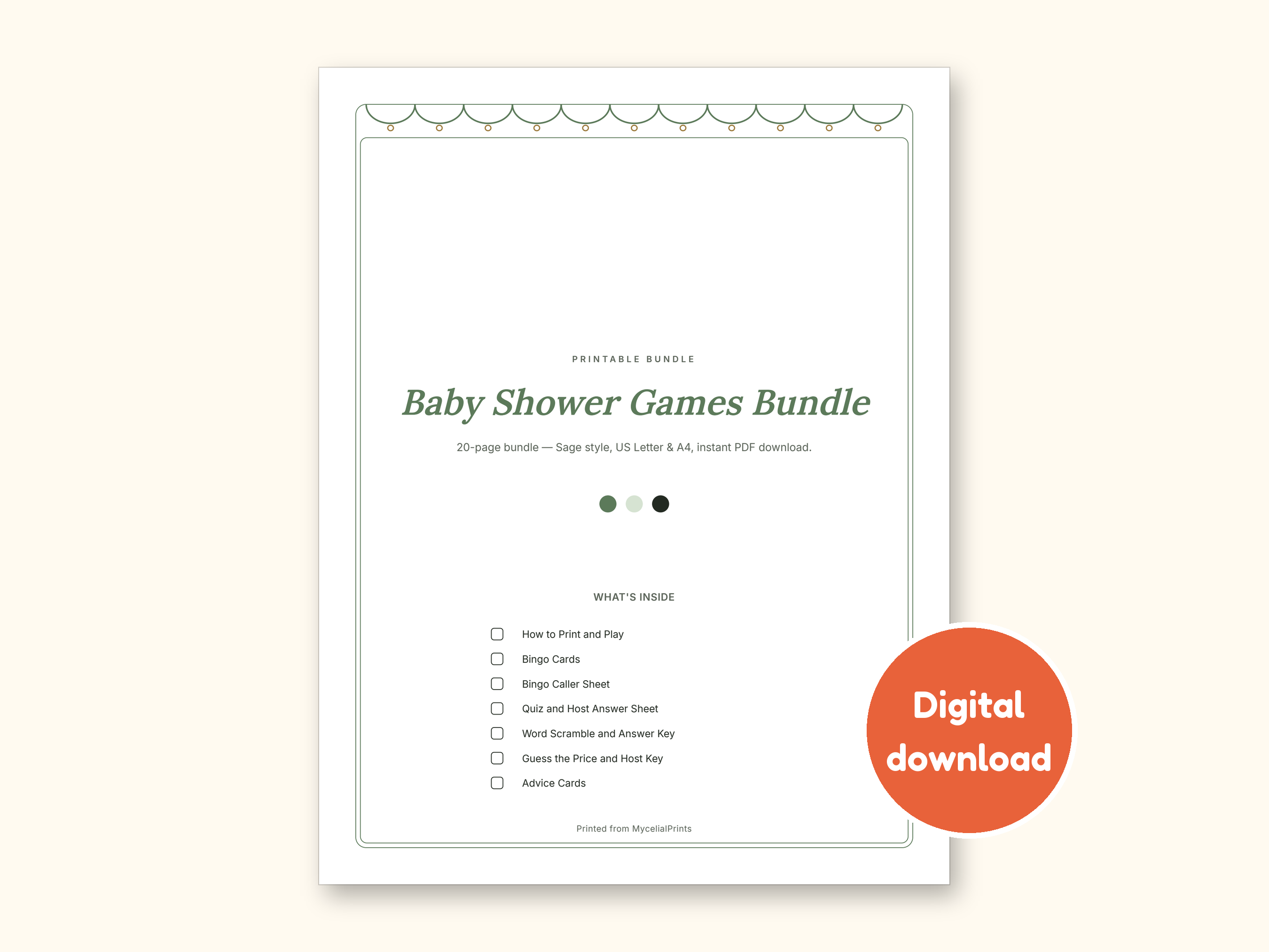 Baby Shower Games | Bingo Cards for Hosts (Digital PDF): cover of the printable PDF, a digital download