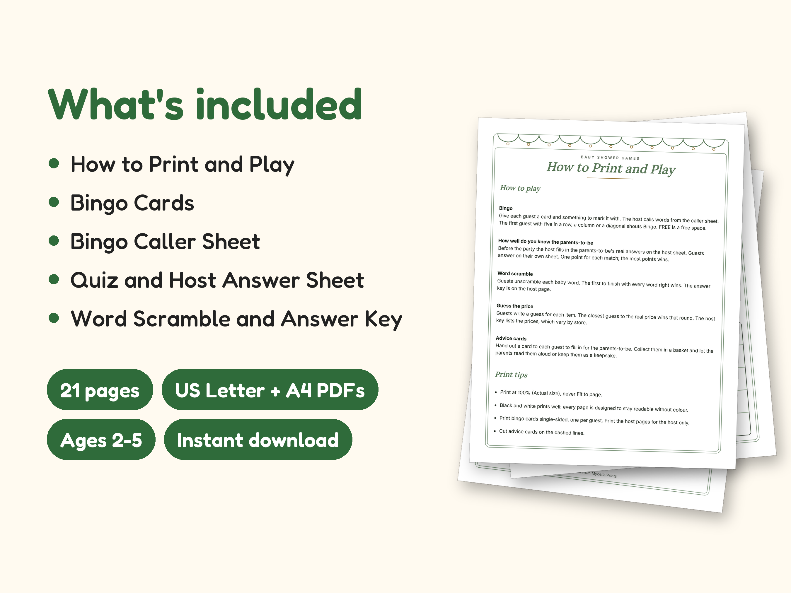 Baby Shower Games | Bingo Cards for Hosts (Digital PDF): what's included -- 21 pages, US Letter + A4 PDFs, Ages 2-5, Instant download