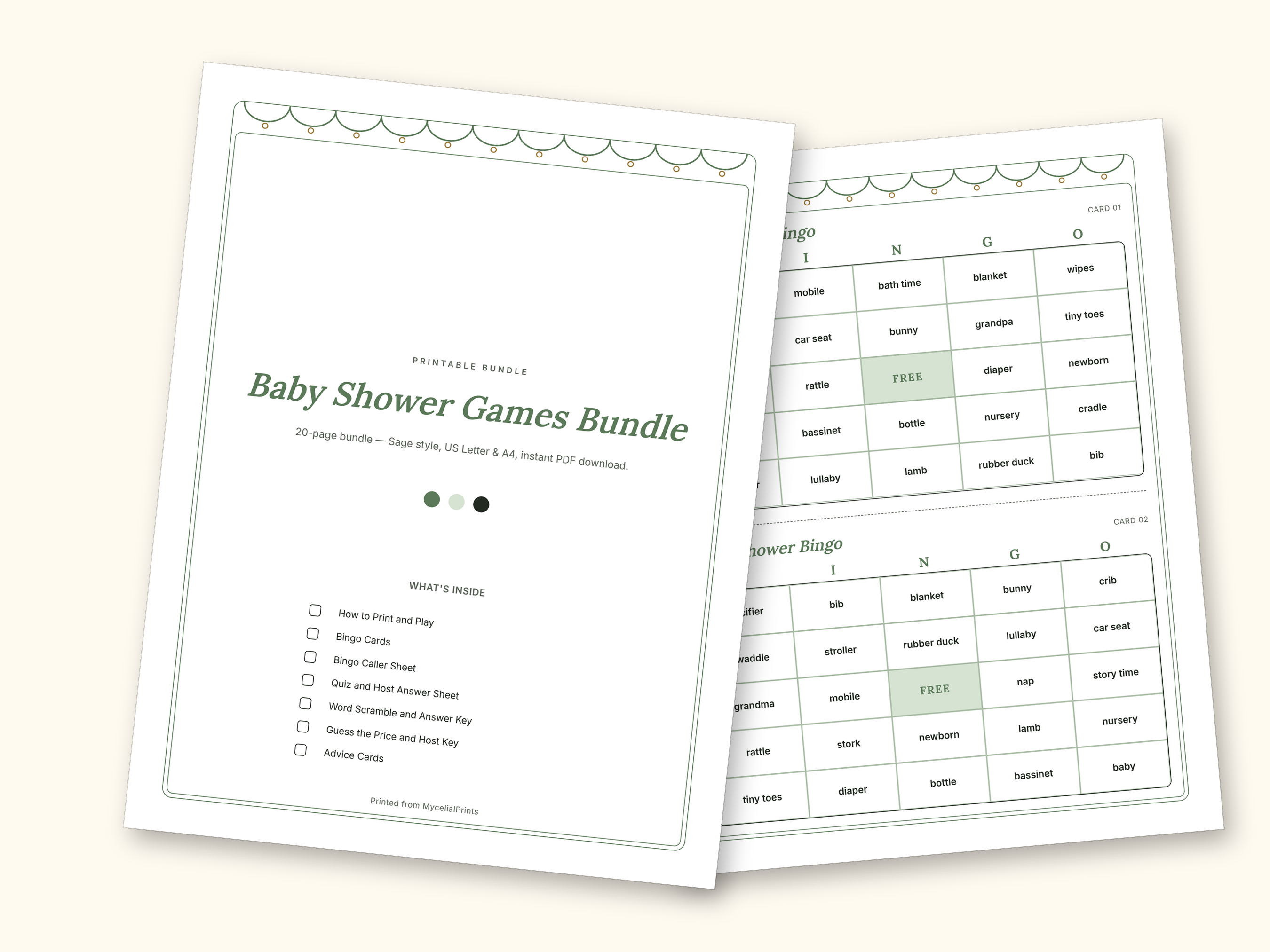 Baby Shower Games | Bingo Cards for Hosts (Digital PDF): cover and an inside page