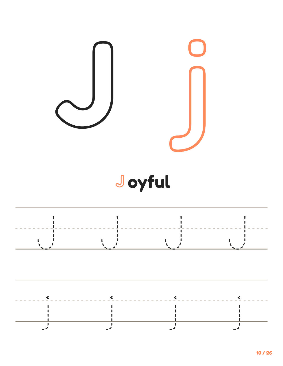 Letter J tracing worksheet: uppercase and lowercase J to trace, with the word Joyful