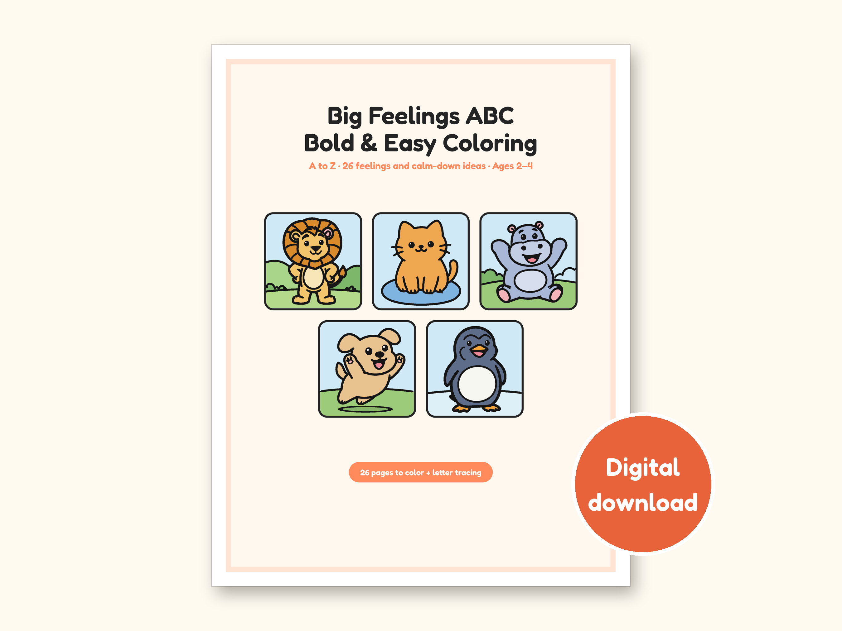 Alphabet Coloring Pages | Big Feelings Letter Tracing for Toddlers (Digital PDF): cover of the printable PDF, a digital download
