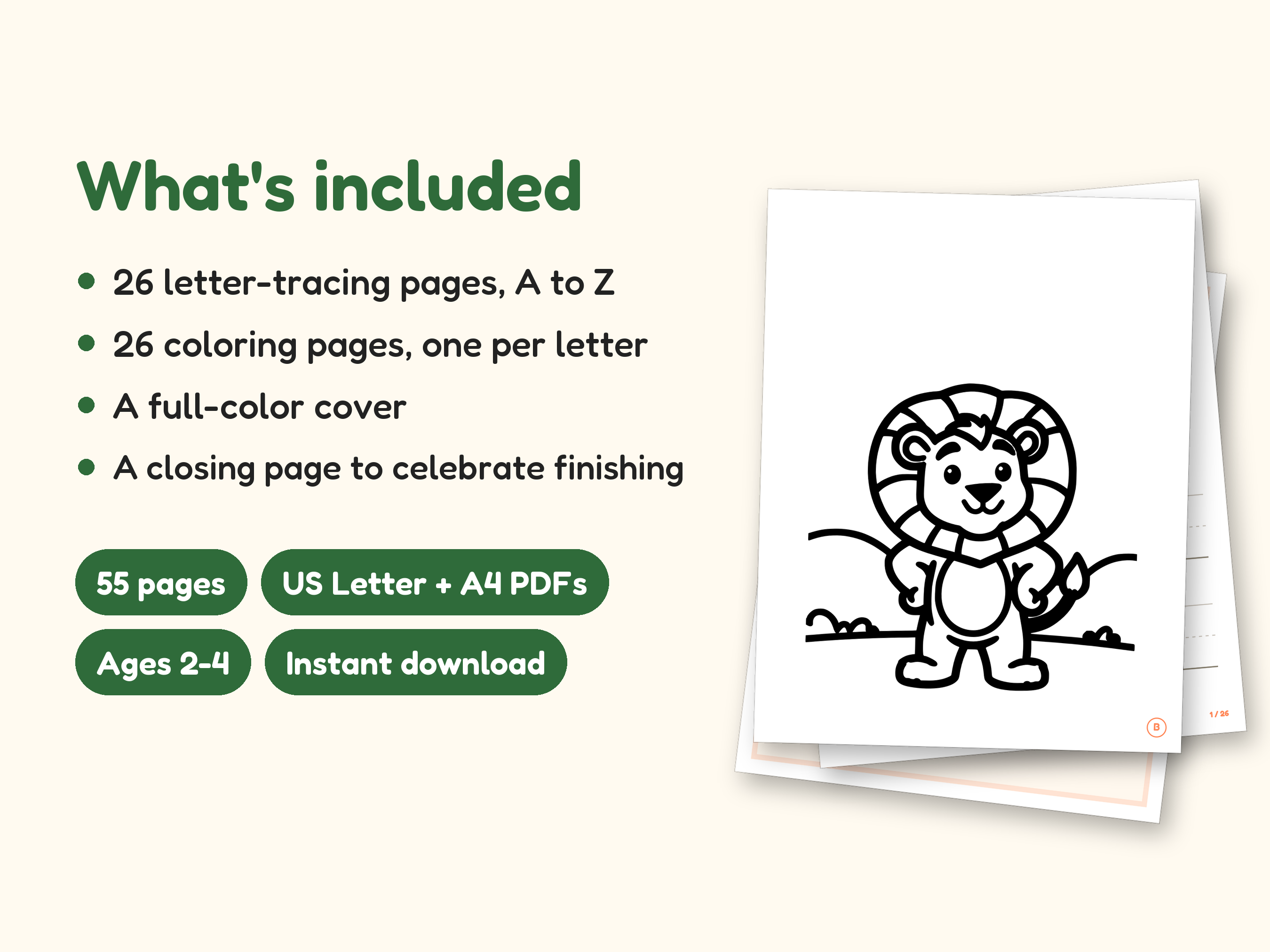 Alphabet Coloring Pages | Big Feelings Letter Tracing for Toddlers (Digital PDF): what's included -- 55 pages, US Letter + A4 PDFs, Ages 2-4, Instant download
