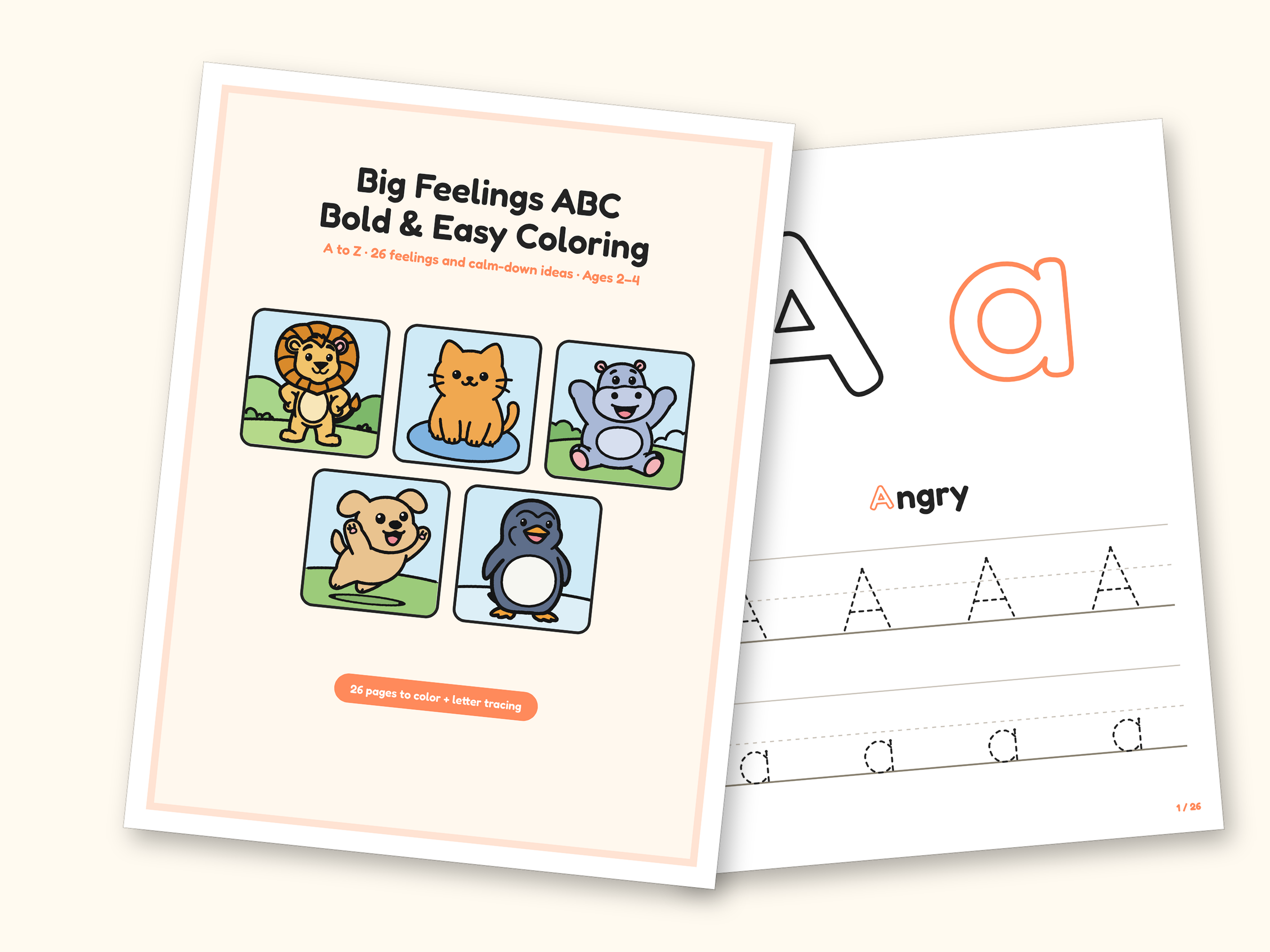 Alphabet Coloring Pages | Big Feelings Letter Tracing for Toddlers (Digital PDF): cover and an inside page