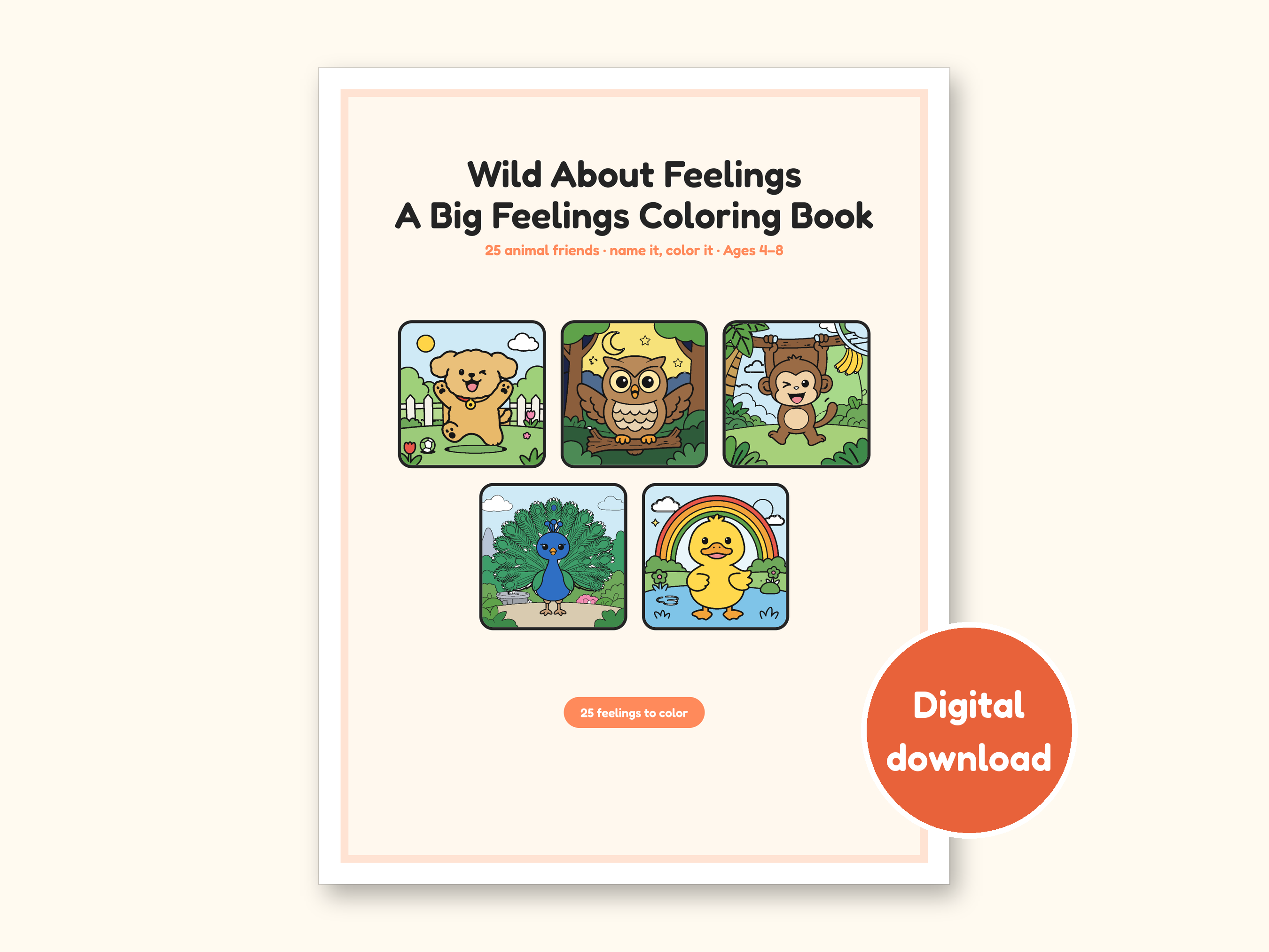Animal Coloring Pages | 25 Feelings Pictures for Kids Ages 4-8 (Digital PDF): cover of the printable PDF, a digital download