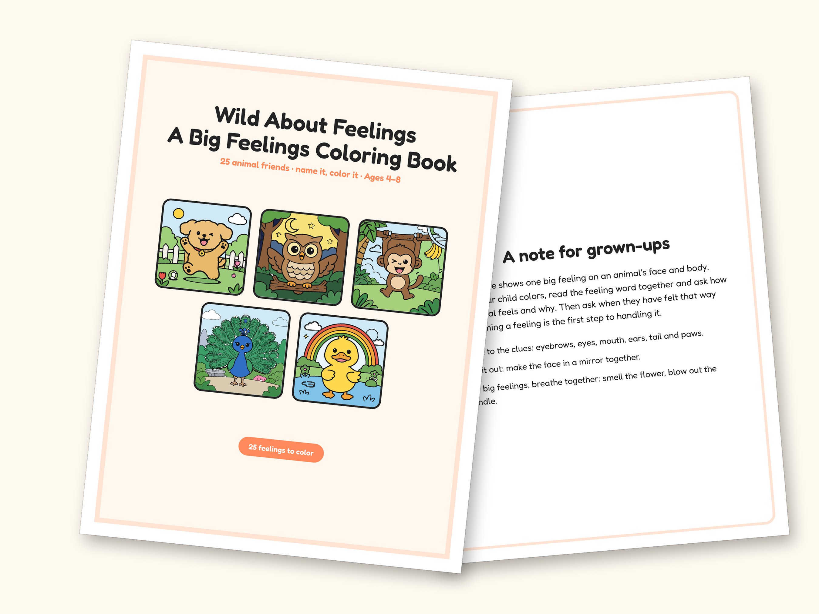 Animal Coloring Pages | 25 Feelings Pictures for Kids Ages 4-8 (Digital PDF): cover and an inside page