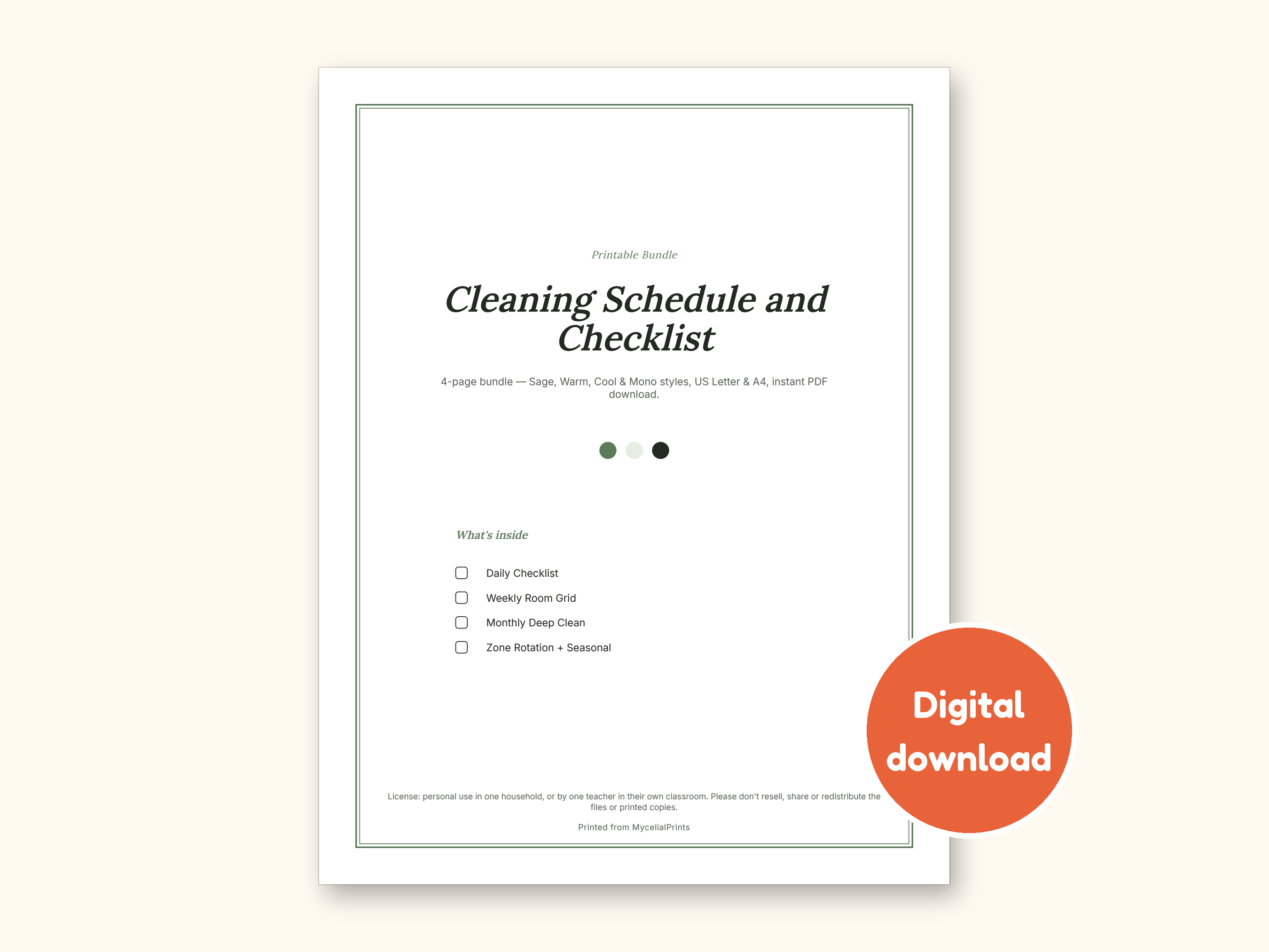 Cleaning Schedule | Daily Checklist and Weekly Room Grid (PDF + Excel): cover of the printable PDF, a digital download