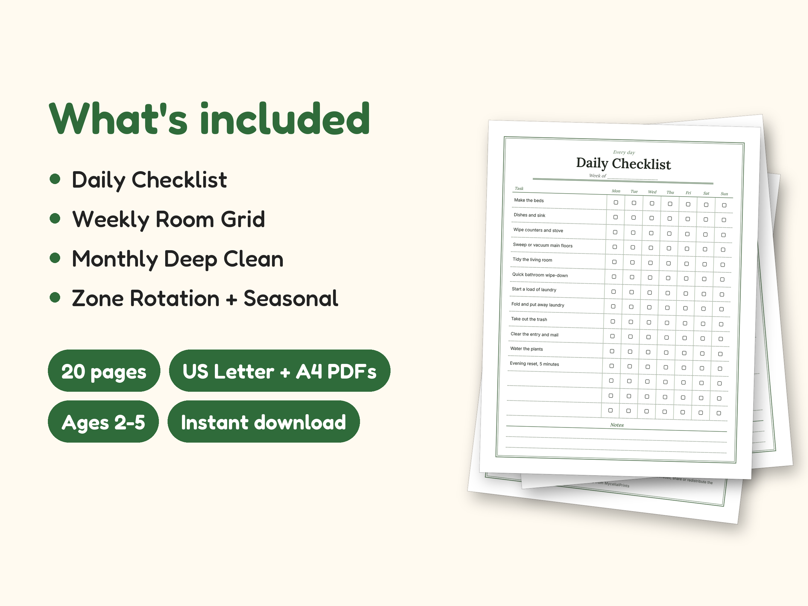 Cleaning Schedule | Daily Checklist and Weekly Room Grid (PDF + Excel): what's included -- 20 pages, US Letter + A4 PDFs, Ages 2-5, Instant download
