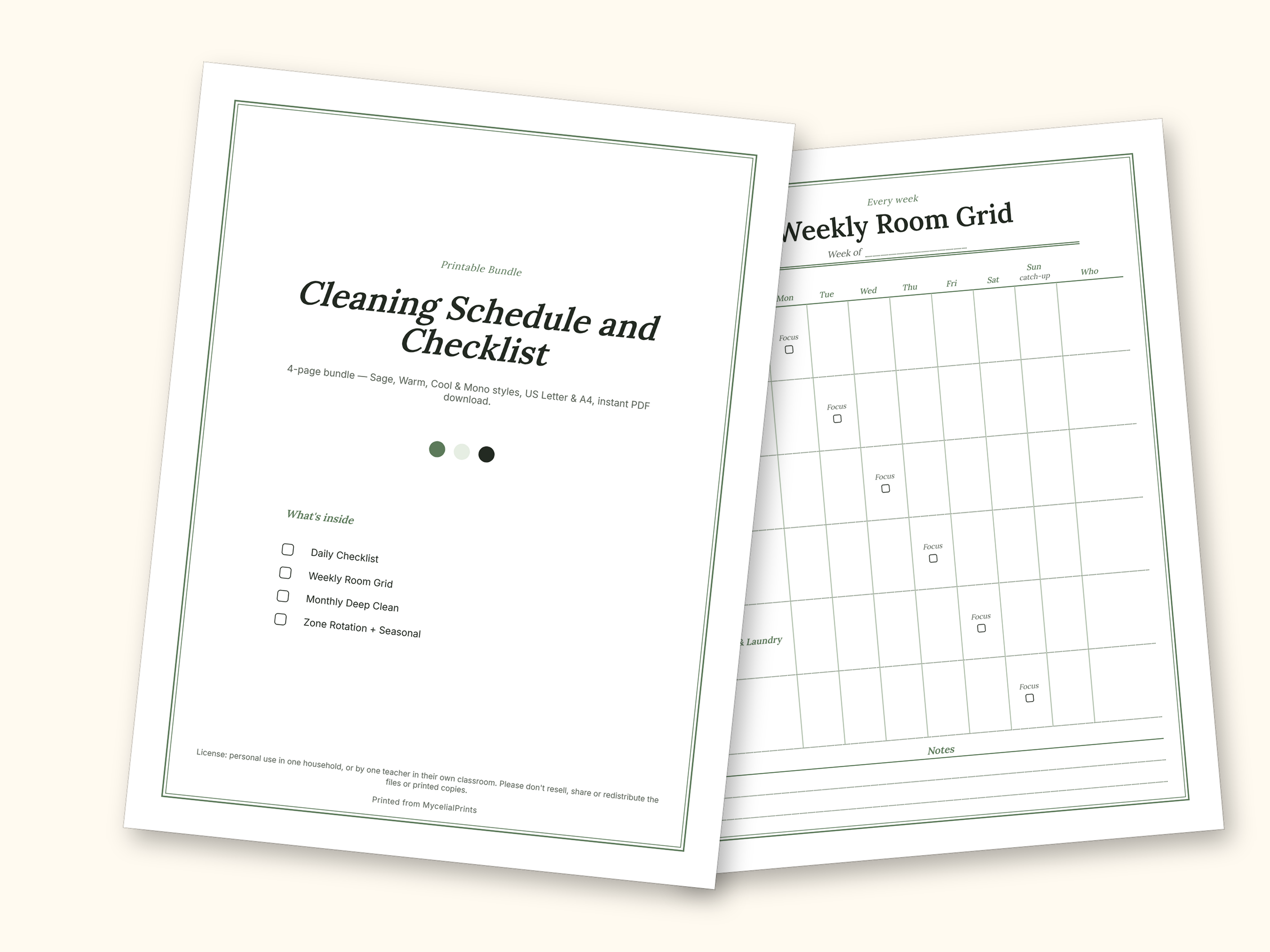 Cleaning Schedule | Daily Checklist and Weekly Room Grid (PDF + Excel): cover and an inside page