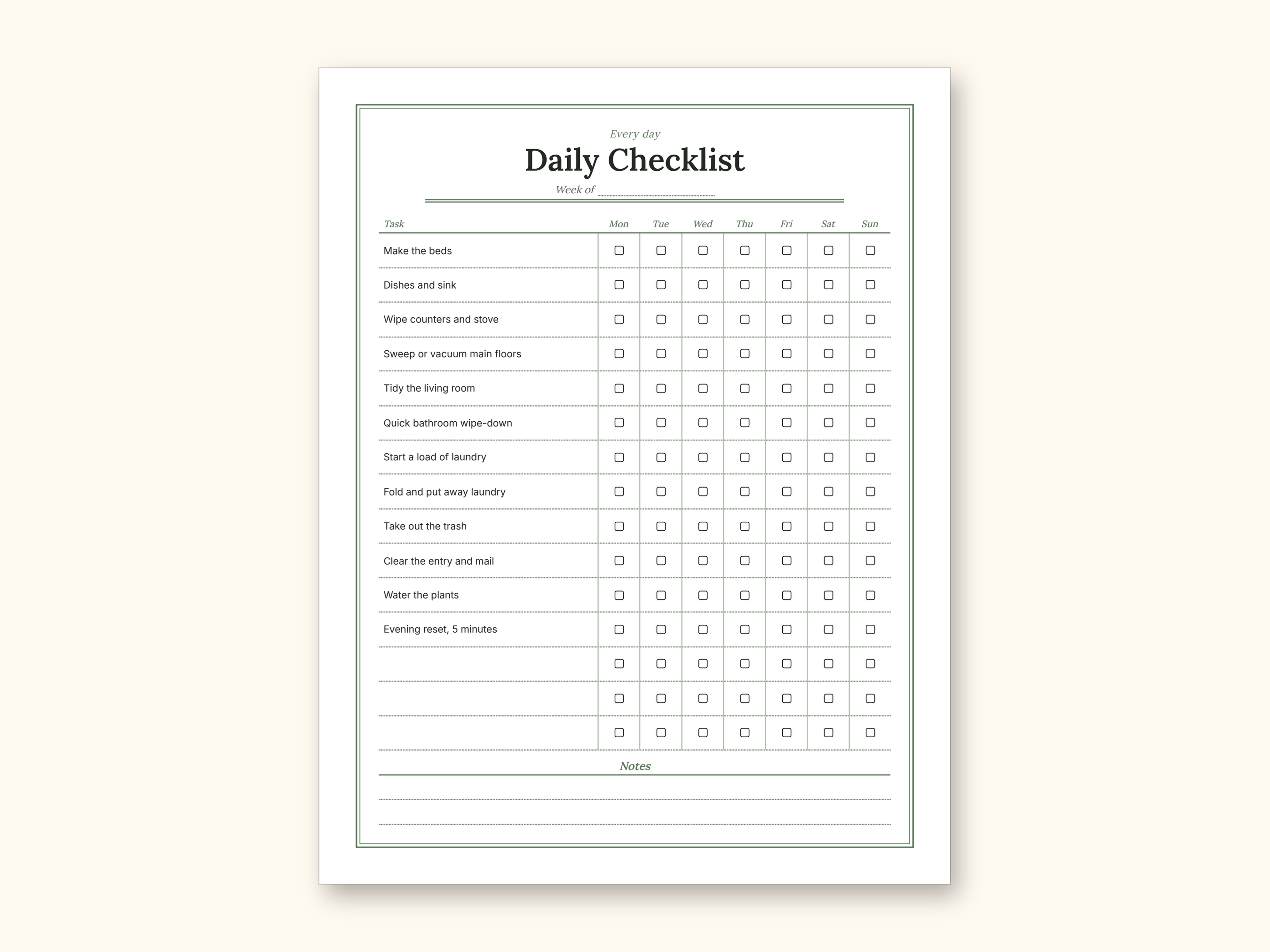 Cleaning Schedule | Daily Checklist and Weekly Room Grid (PDF + Excel): sample page 2 of 20