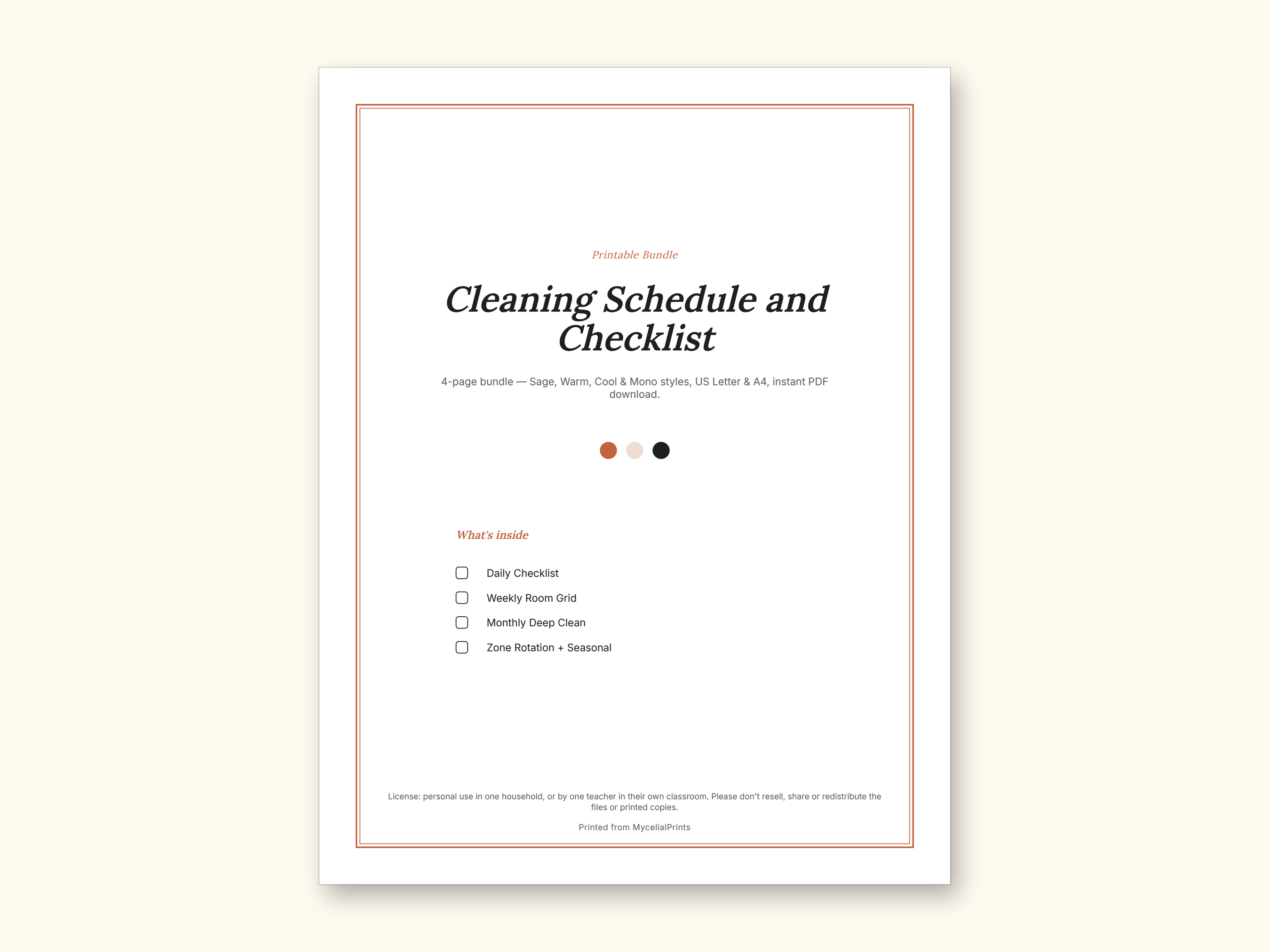 Cleaning Schedule | Daily Checklist and Weekly Room Grid (PDF + Excel): sample page 6 of 20