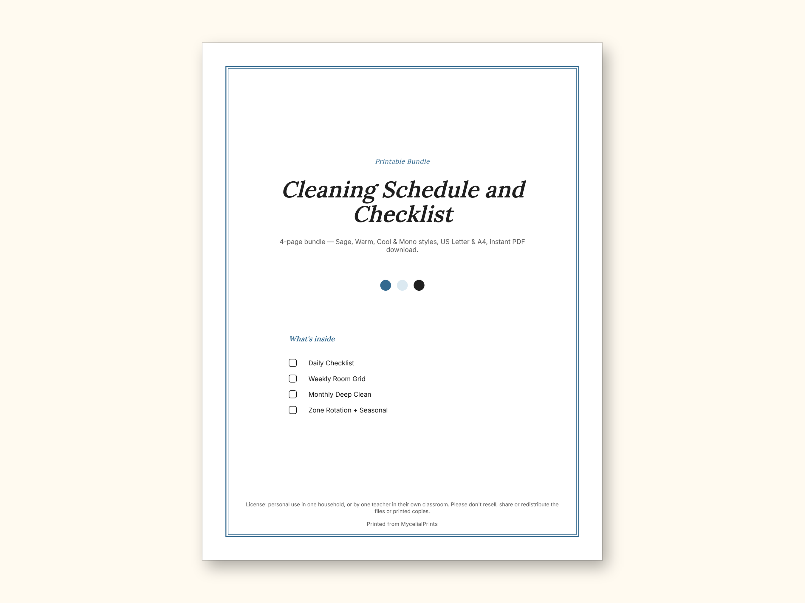 Cleaning Schedule | Daily Checklist and Weekly Room Grid (PDF + Excel): sample page 11 of 20