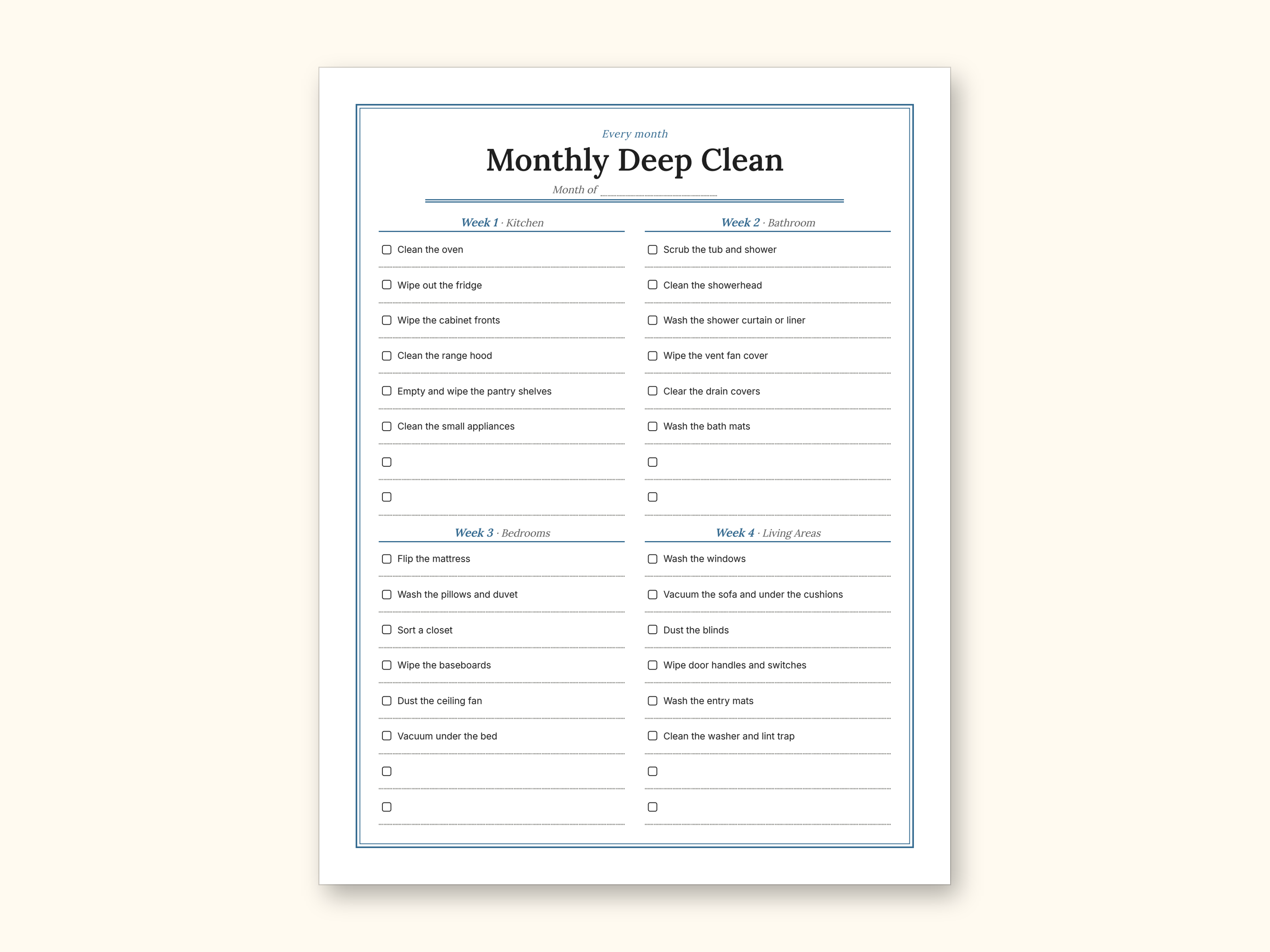 Cleaning Schedule | Daily Checklist and Weekly Room Grid (PDF + Excel): sample page 14 of 20