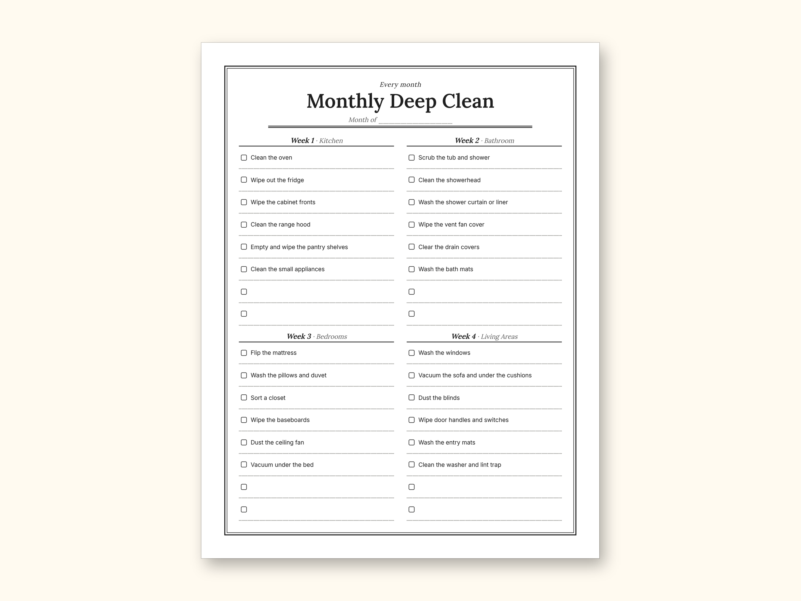Cleaning Schedule | Daily Checklist and Weekly Room Grid (PDF + Excel): sample page 19 of 20