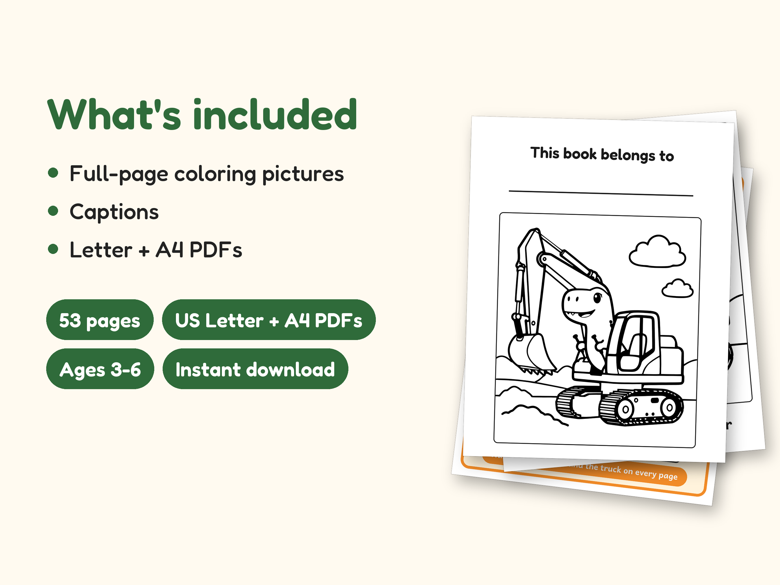 Dinosaur Coloring Pages | 50 Construction Pictures for Ages 3-6 (Digital PDF): what's included -- 53 pages, US Letter + A4 PDFs, Ages 3-6, Instant download