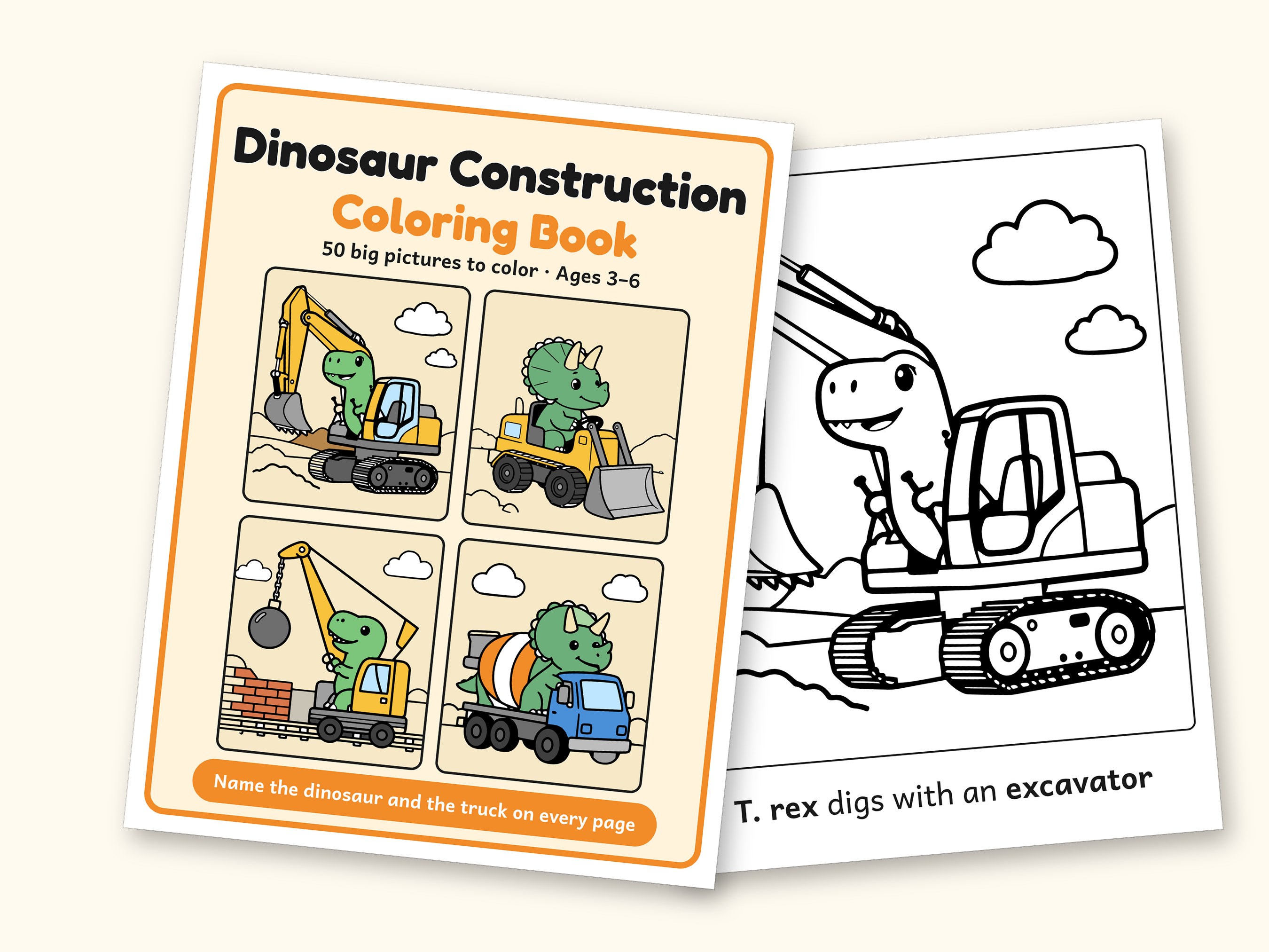 Dinosaur Coloring Pages | 50 Construction Pictures for Ages 3-6 (Digital PDF): cover and an inside page