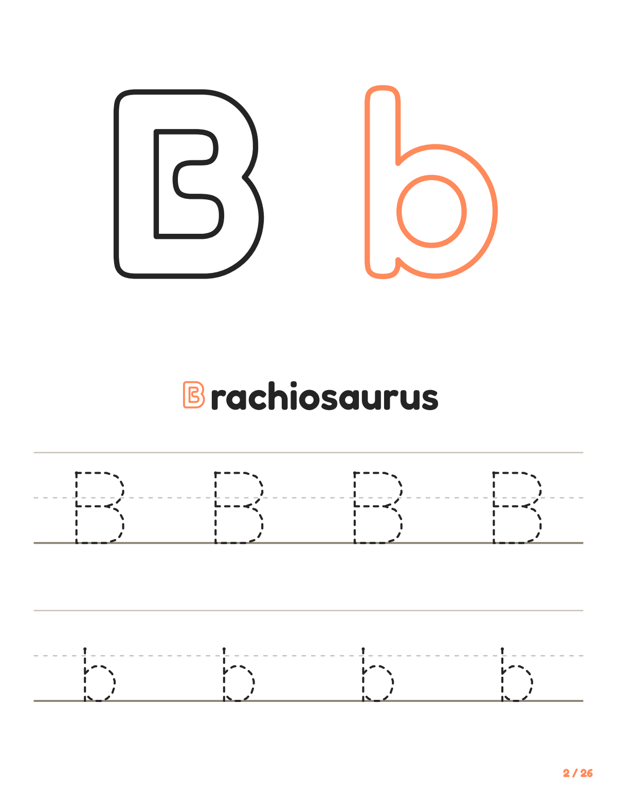 Letter B tracing worksheet: uppercase and lowercase B to trace, with the word Brachiosaurus