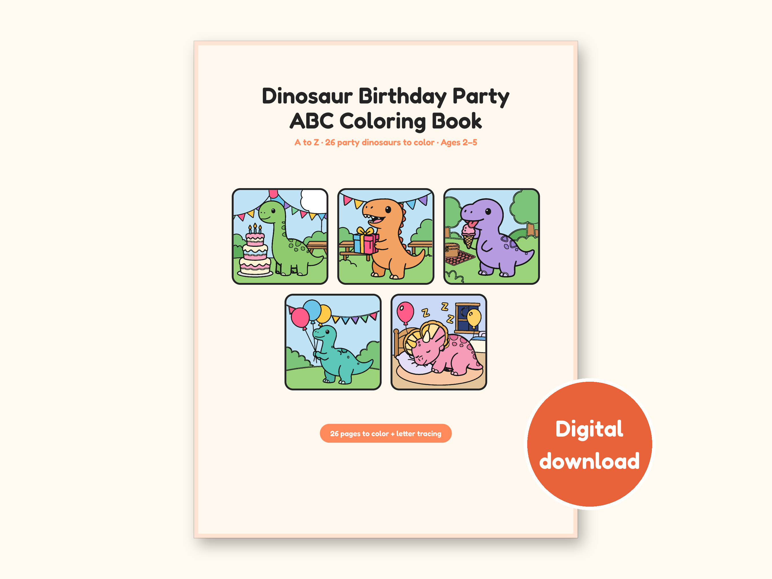 Dinosaur Party ABC Coloring Book | Letter Tracing for Toddlers (Digital PDF): cover of the printable PDF, a digital download