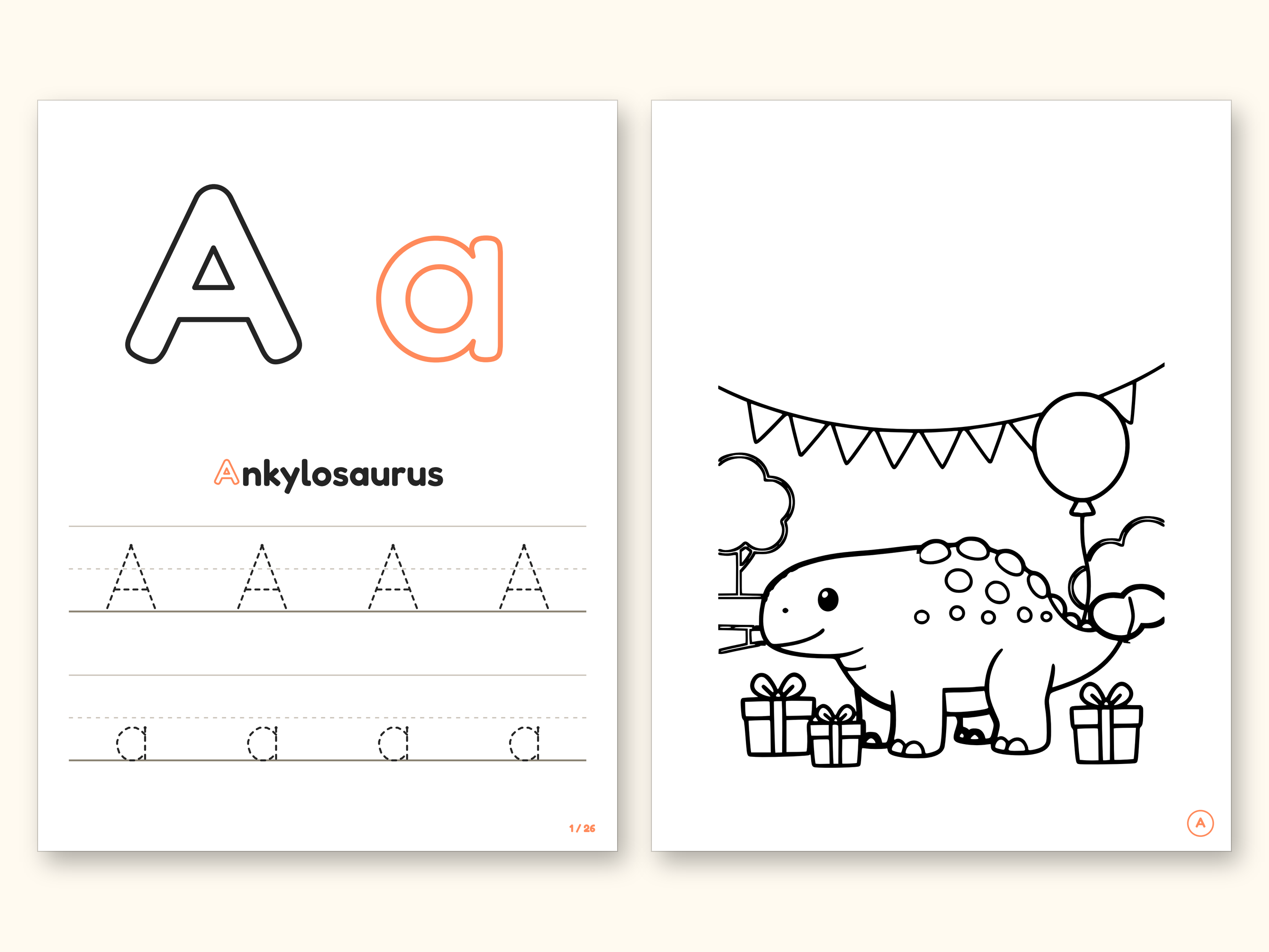 Dinosaur Party ABC Coloring Book | Letter Tracing for Toddlers (Digital PDF): pages 3 and 4 side by side
