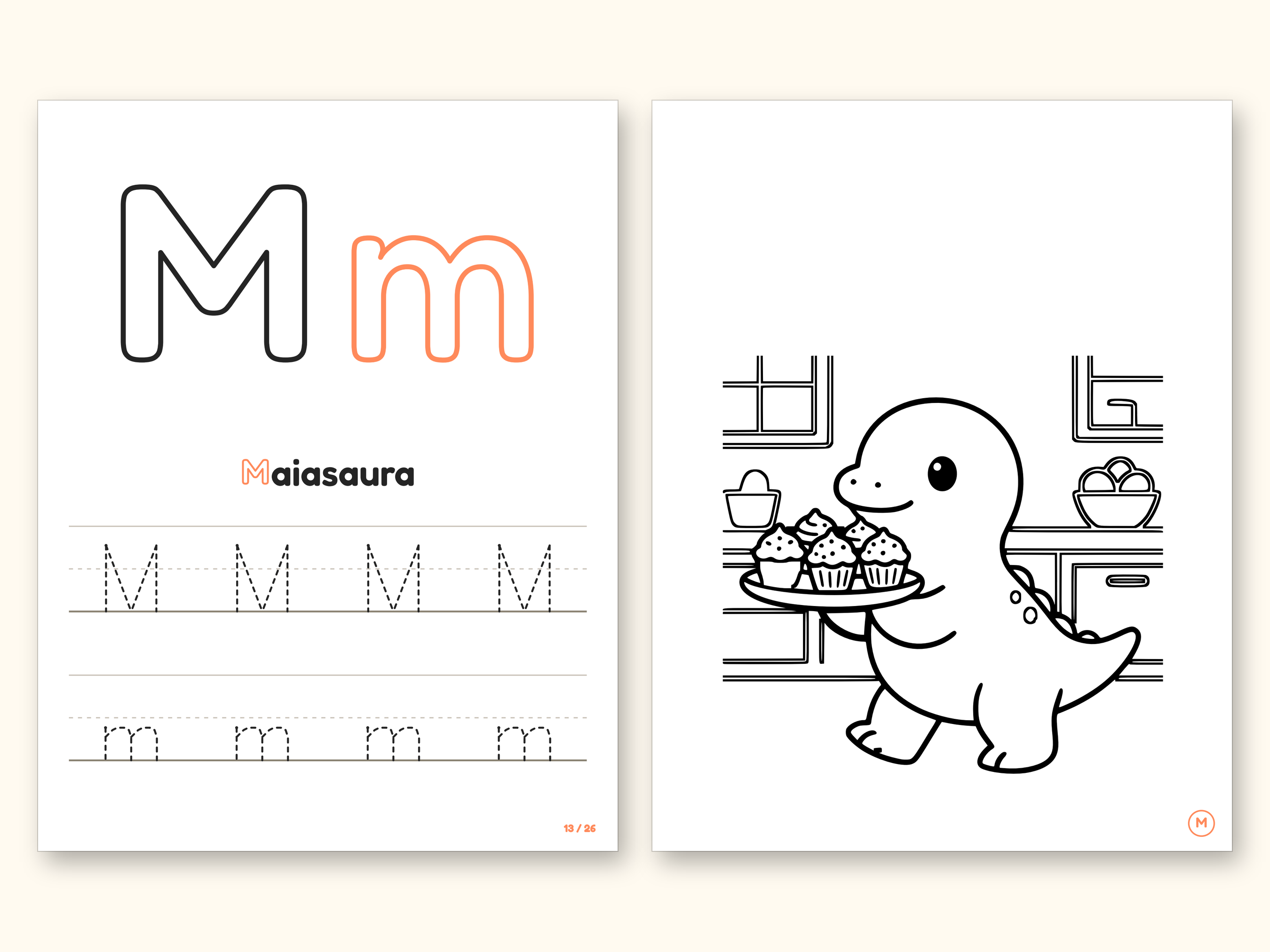 Dinosaur Party ABC Coloring Book | Letter Tracing for Toddlers (Digital PDF): pages 27 and 28 side by side