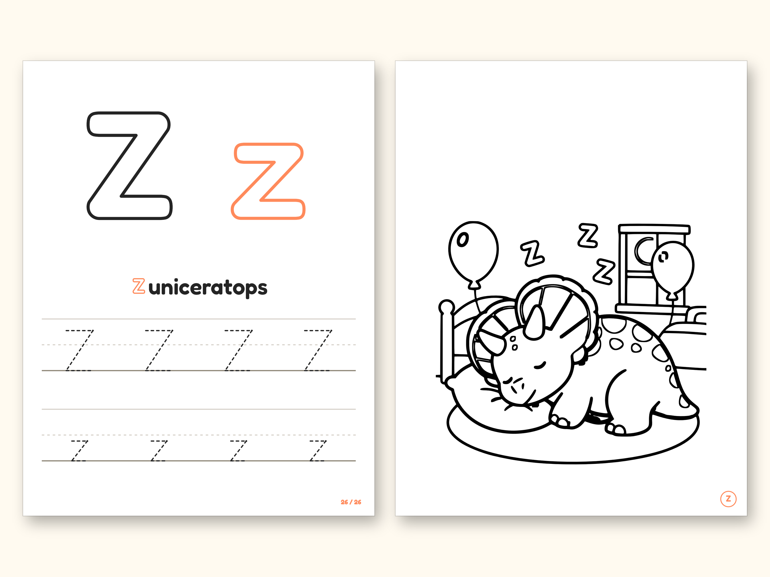 Dinosaur Party ABC Coloring Book | Letter Tracing for Toddlers (Digital PDF): pages 53 and 54 side by side