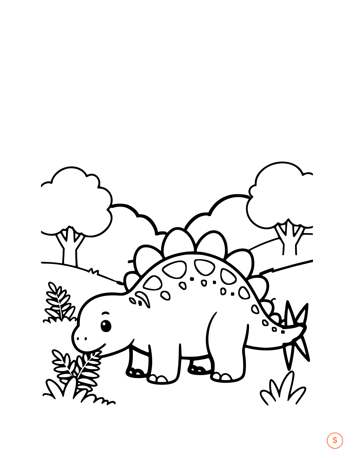 Stegosaurus coloring page for the letter S, bold outlines for small hands