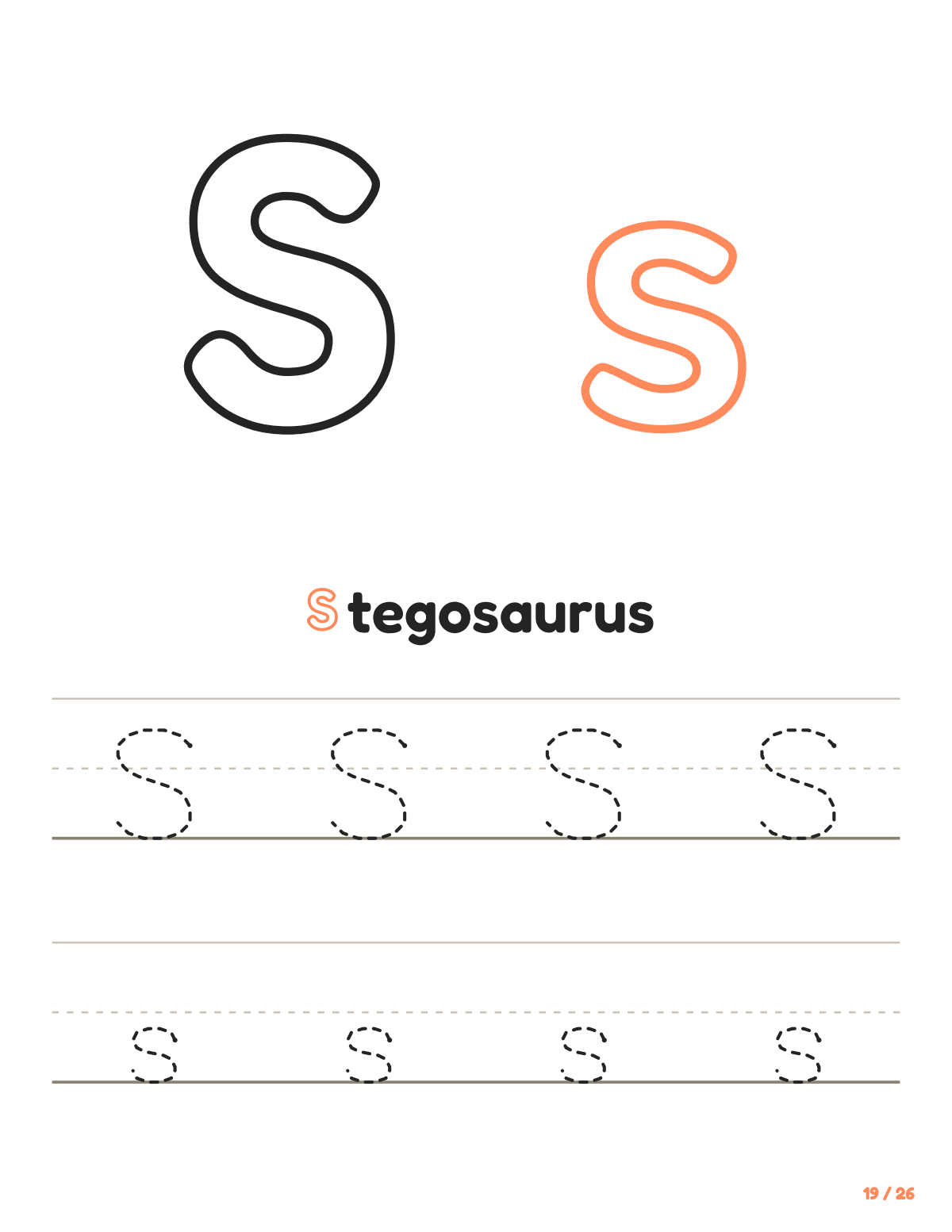 Letter S tracing worksheet: uppercase and lowercase S to trace, with the word Stegosaurus