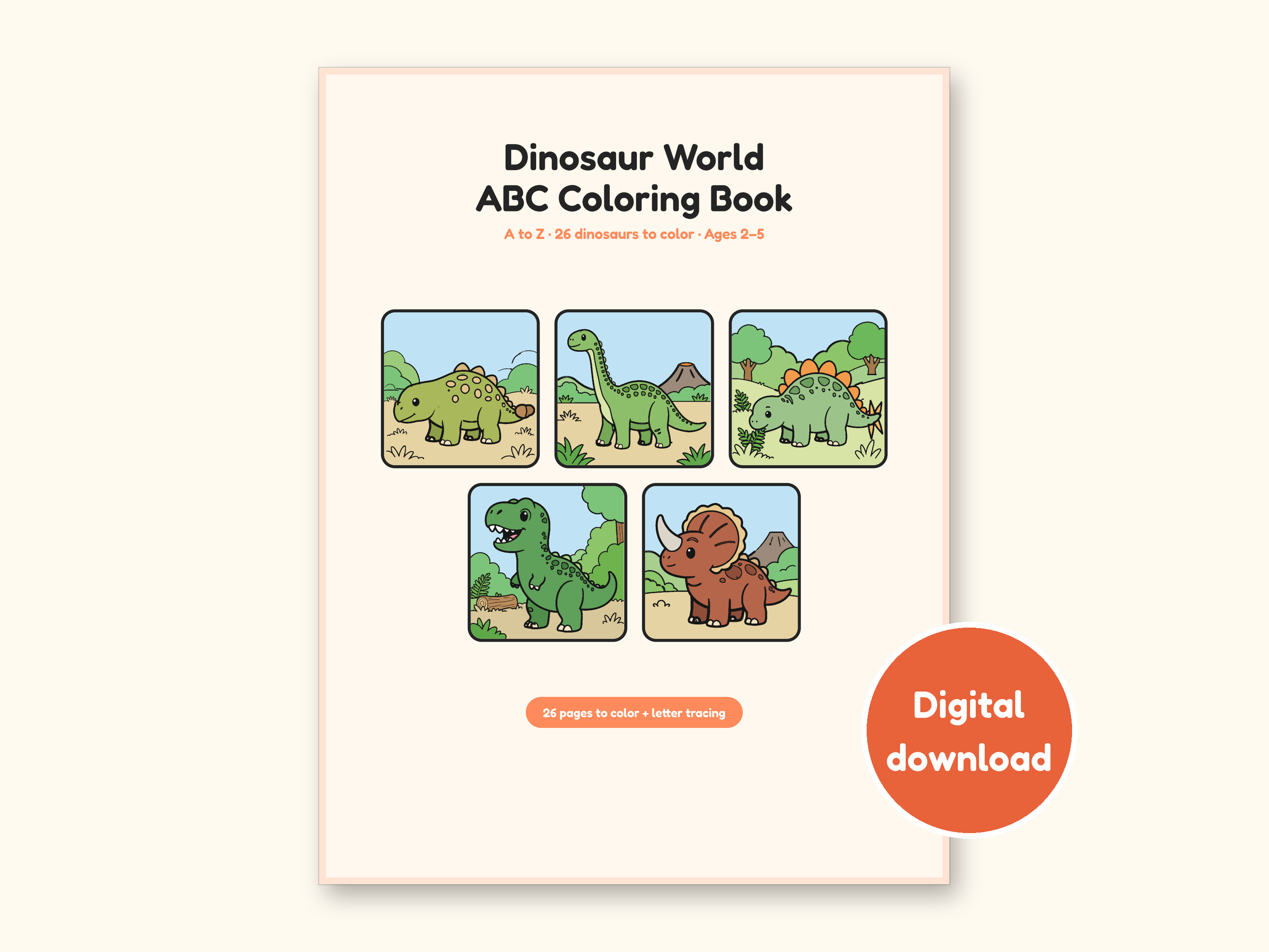 Dinosaur ABC Coloring Book, Letter Tracing, Ages 2-5 (Digital PDF): cover of the printable PDF, a digital download