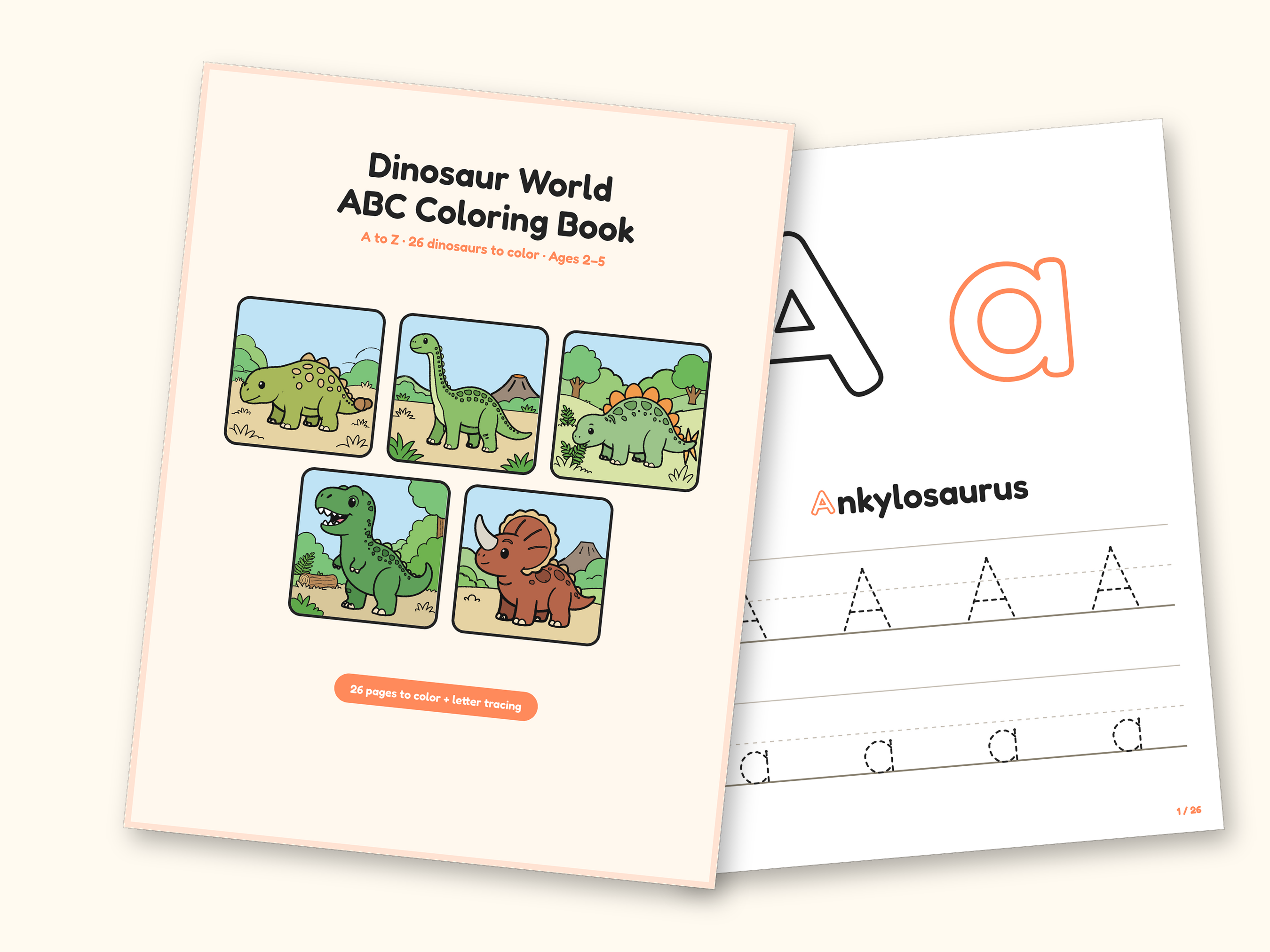 Dinosaur ABC Coloring Book, Letter Tracing, Ages 2-5 (Digital PDF): cover and an inside page