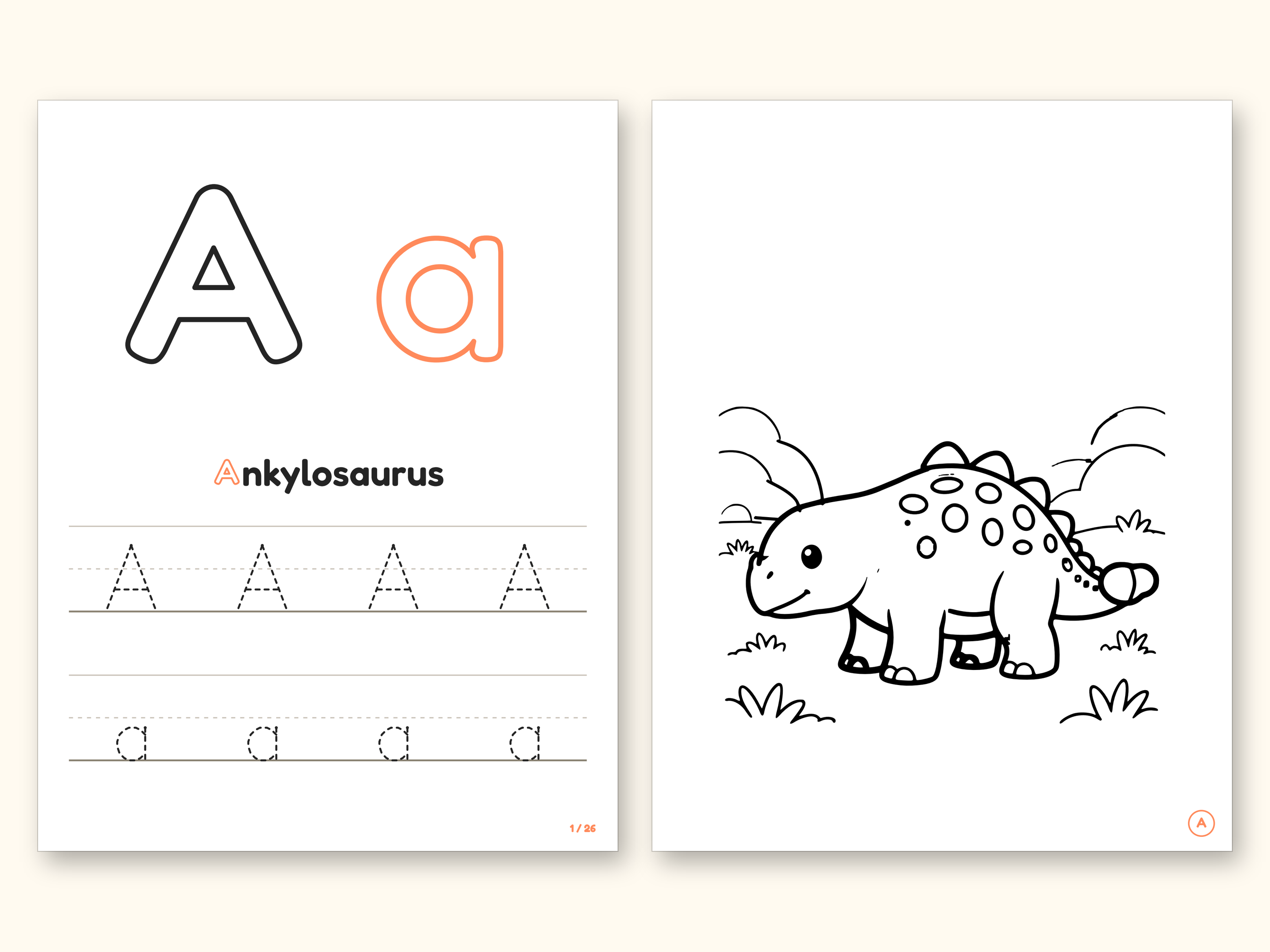 Dinosaur ABC Coloring Book, Letter Tracing, Ages 2-5 (Digital PDF): pages 3 and 4 side by side