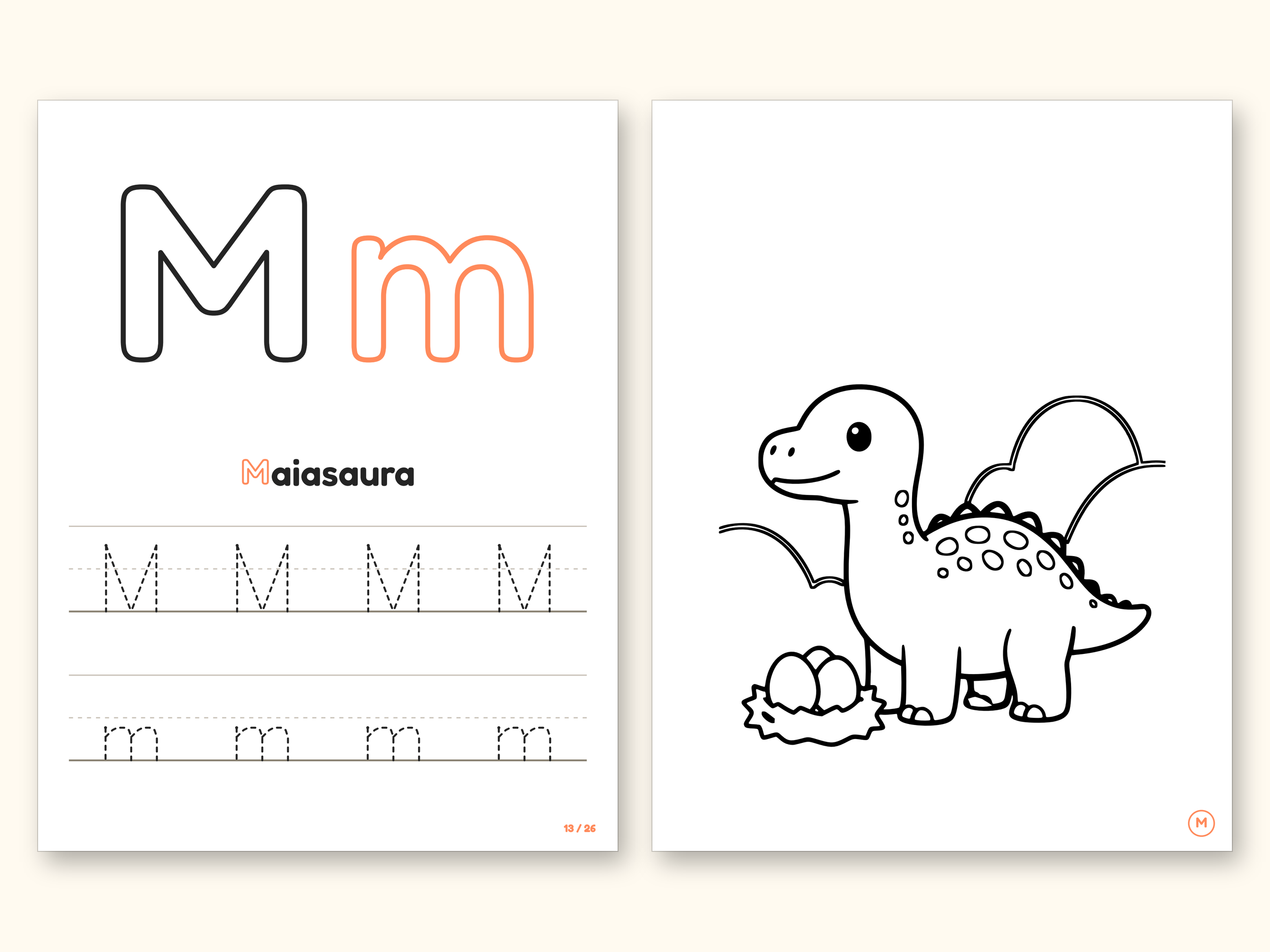 Dinosaur ABC Coloring Book, Letter Tracing, Ages 2-5 (Digital PDF): pages 27 and 28 side by side
