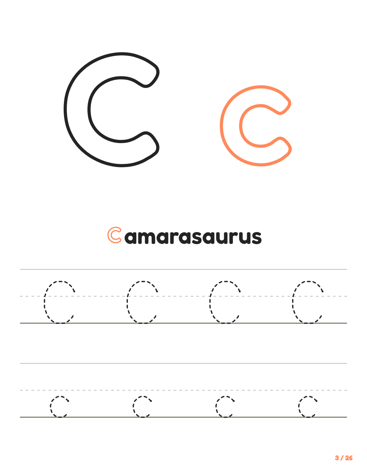 Letter C tracing worksheet: uppercase and lowercase C to trace, with the word Camarasaurus