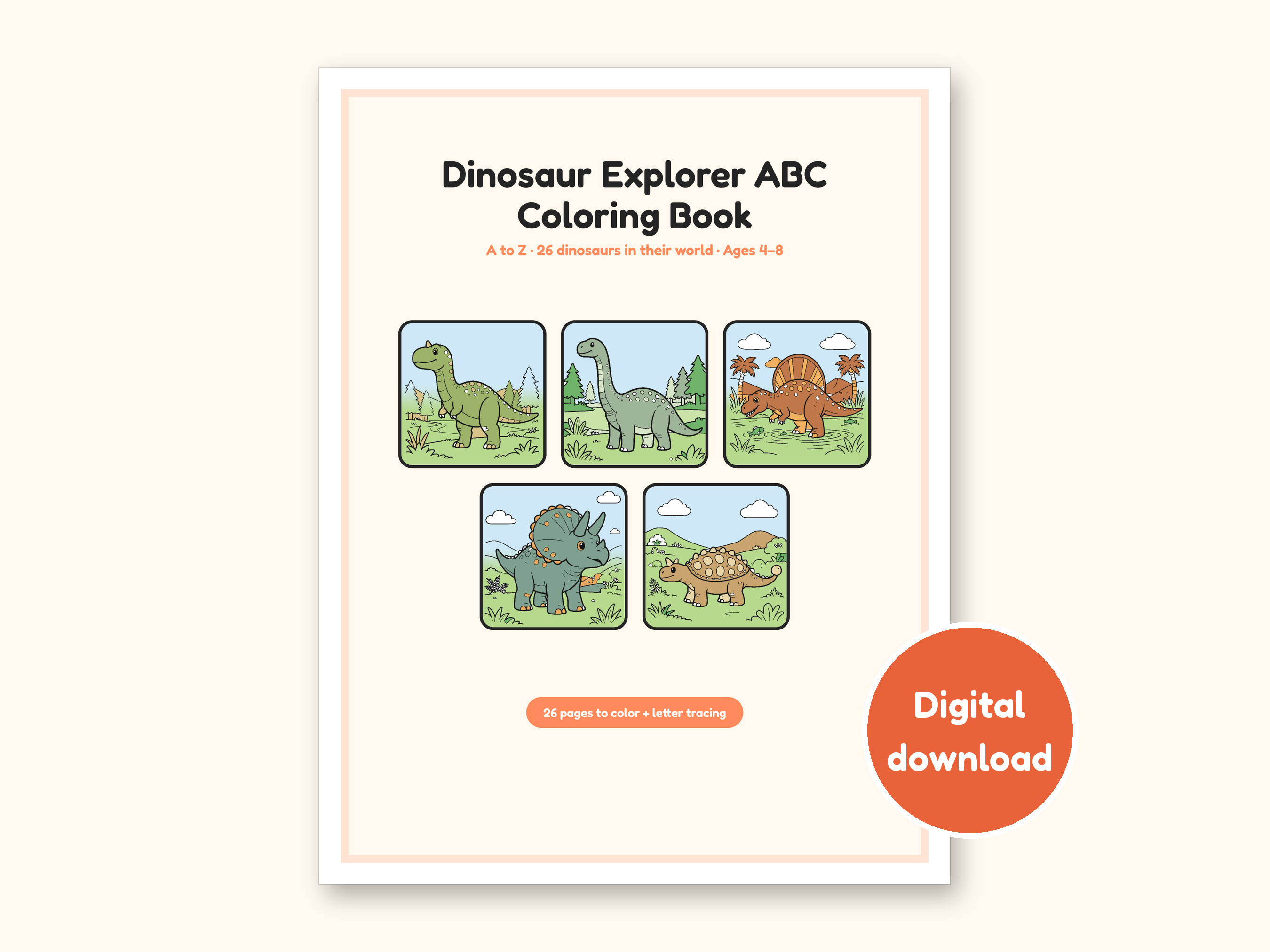 Dinosaur Coloring Pages | Detailed Scenes ABC Tracing for Ages 4-8 (Digital PDF): cover of the printable PDF, a digital download