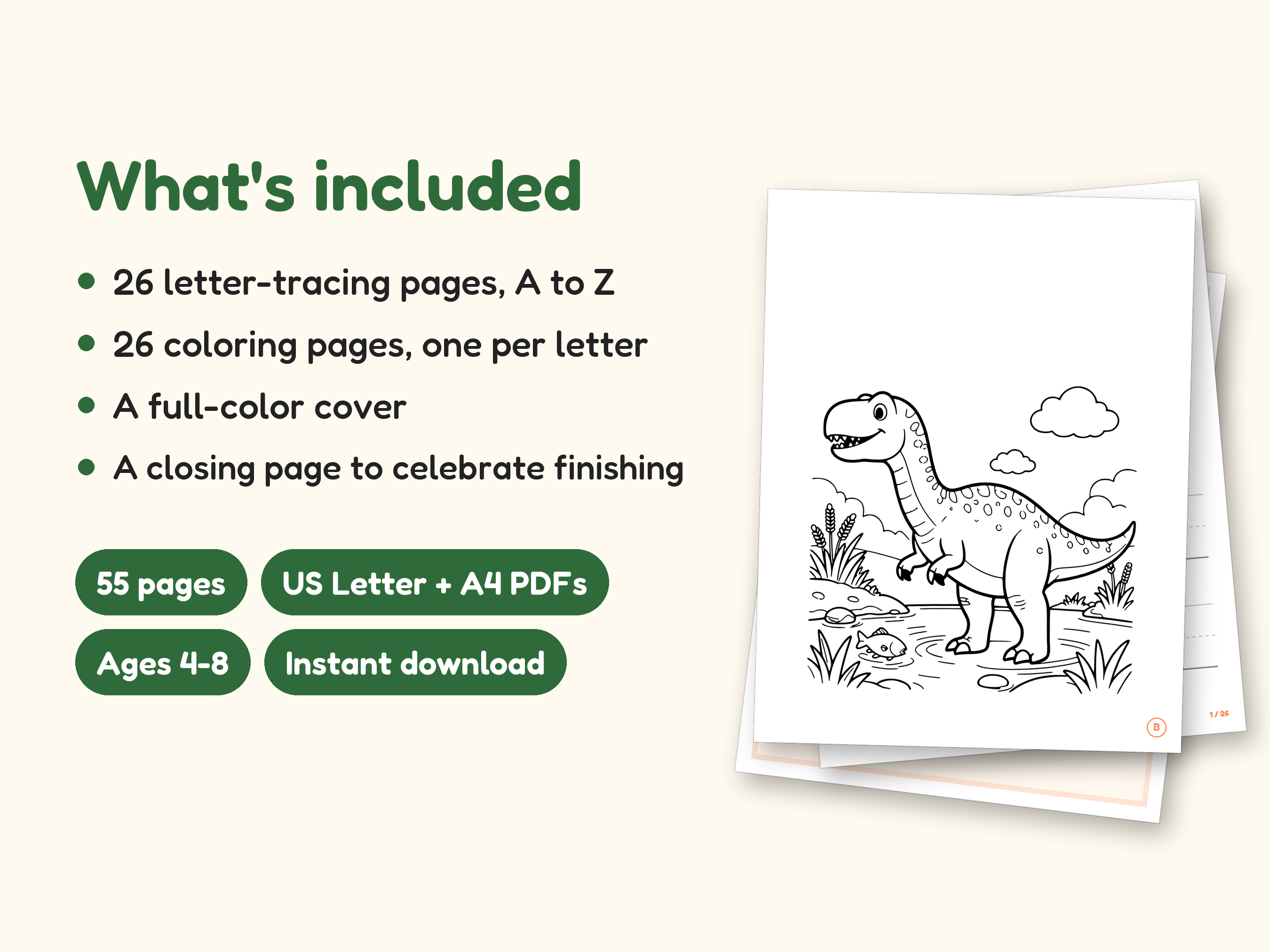Dinosaur Coloring Pages | Detailed Scenes ABC Tracing for Ages 4-8 (Digital PDF): what's included -- 55 pages, US Letter + A4 PDFs, Ages 4-8, Instant download