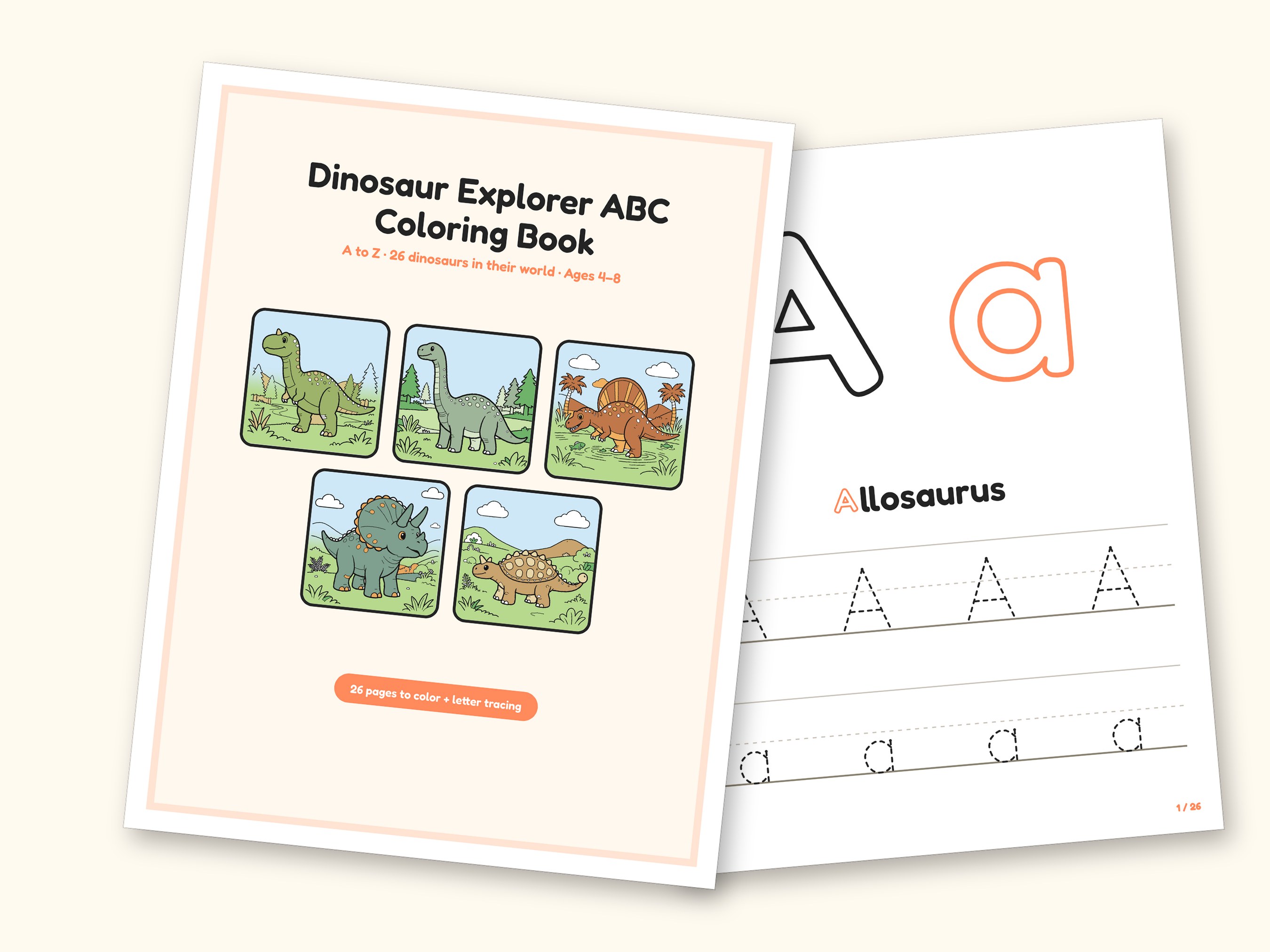 Dinosaur Coloring Pages | Detailed Scenes ABC Tracing for Ages 4-8 (Digital PDF): cover and an inside page