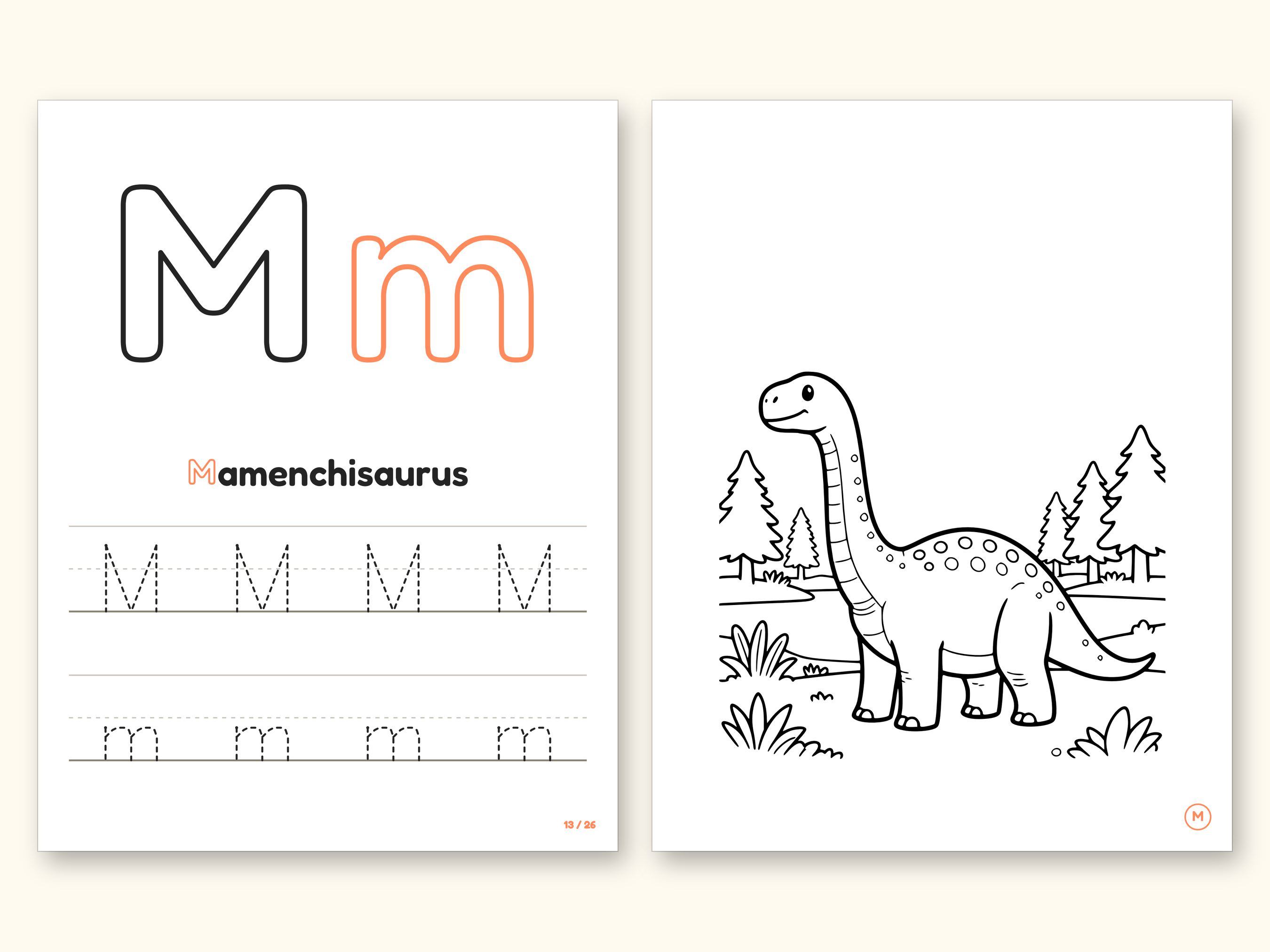 Dinosaur Coloring Pages | Detailed Scenes ABC Tracing for Ages 4-8 (Digital PDF): pages 27 and 28 side by side