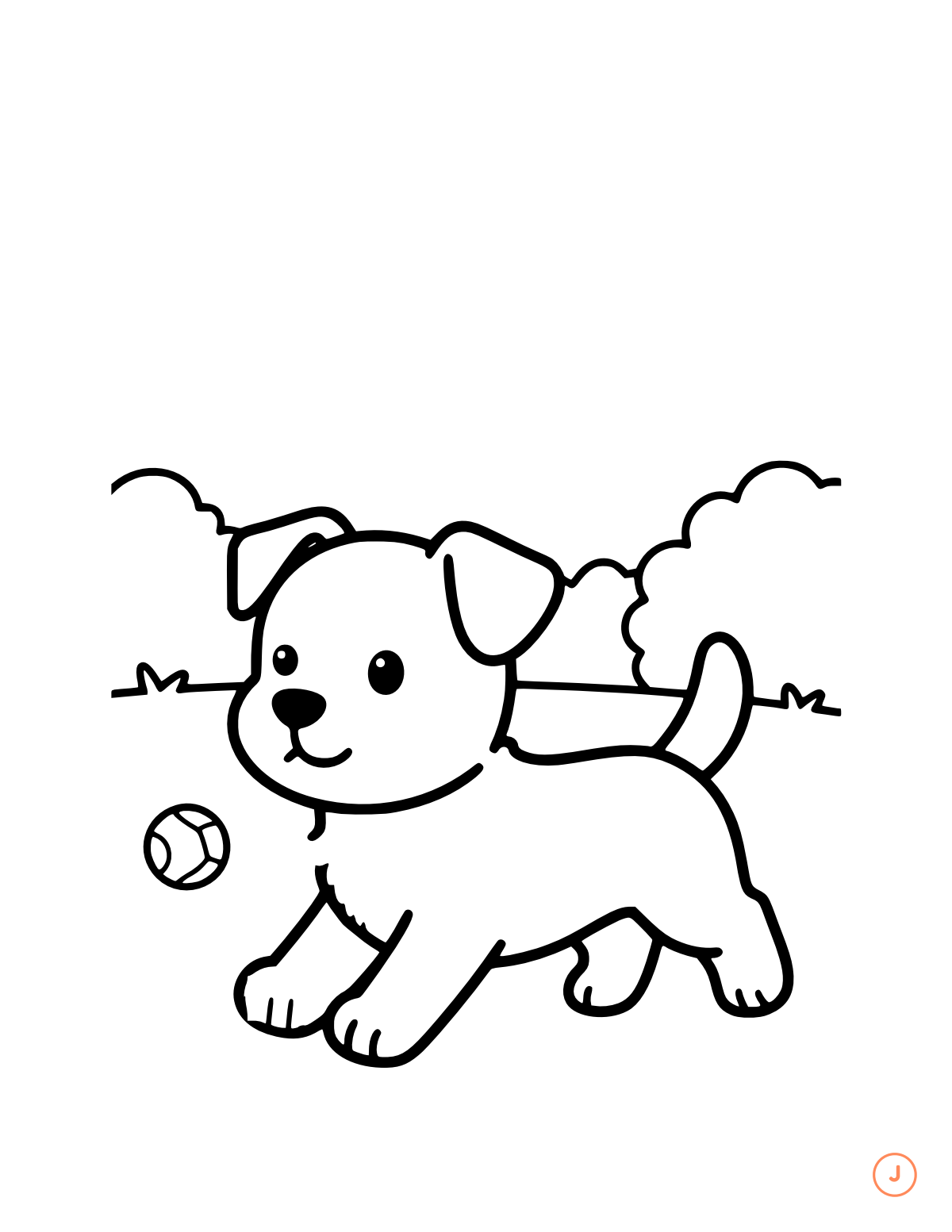 Jack Russell Terrier coloring page for the letter J, bold outlines for small hands