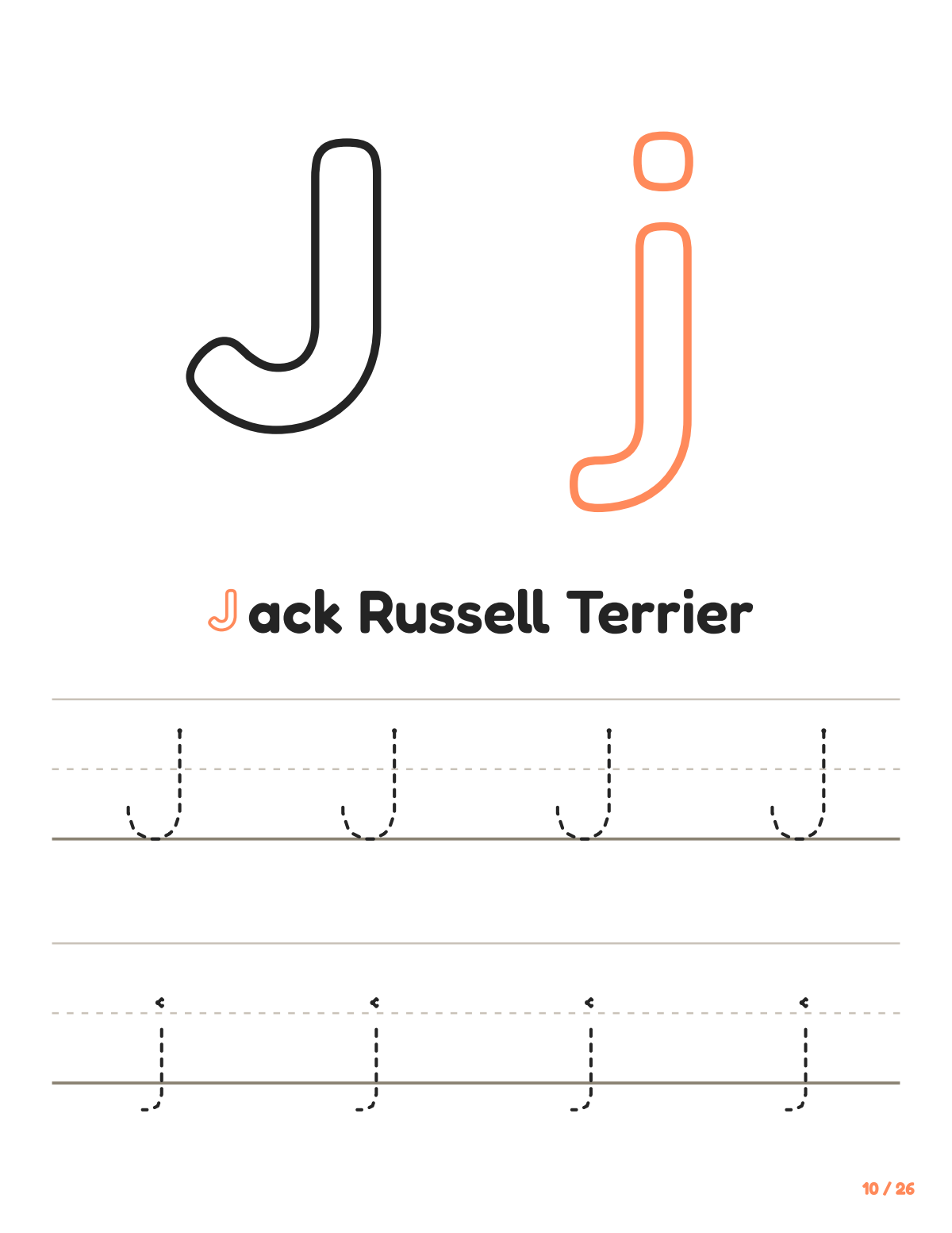 Letter J tracing worksheet: uppercase and lowercase J to trace, with the word Jack Russell Terrier