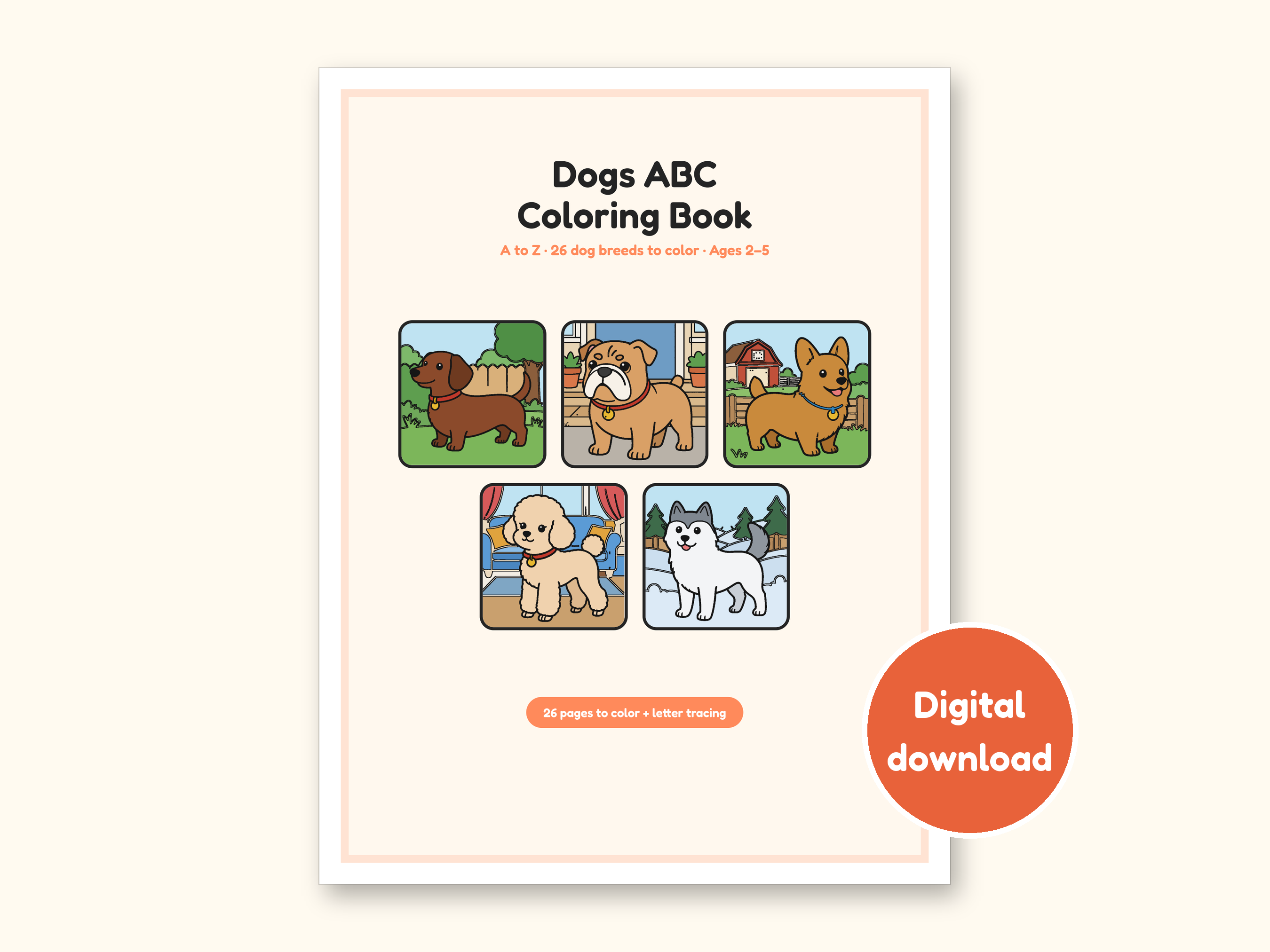 Dog Coloring Pages | ABC Letter Tracing for Kids Ages 2-5 (Digital PDF): cover of the printable PDF, a digital download