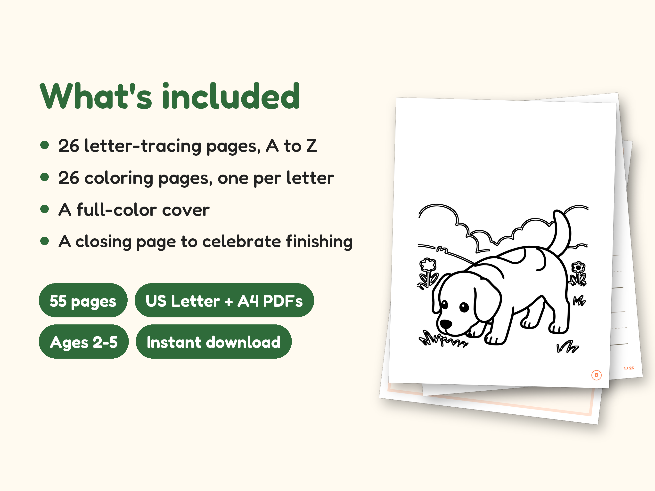 Dog Coloring Pages | ABC Letter Tracing for Kids Ages 2-5 (Digital PDF): what's included -- 55 pages, US Letter + A4 PDFs, Ages 2-5, Instant download