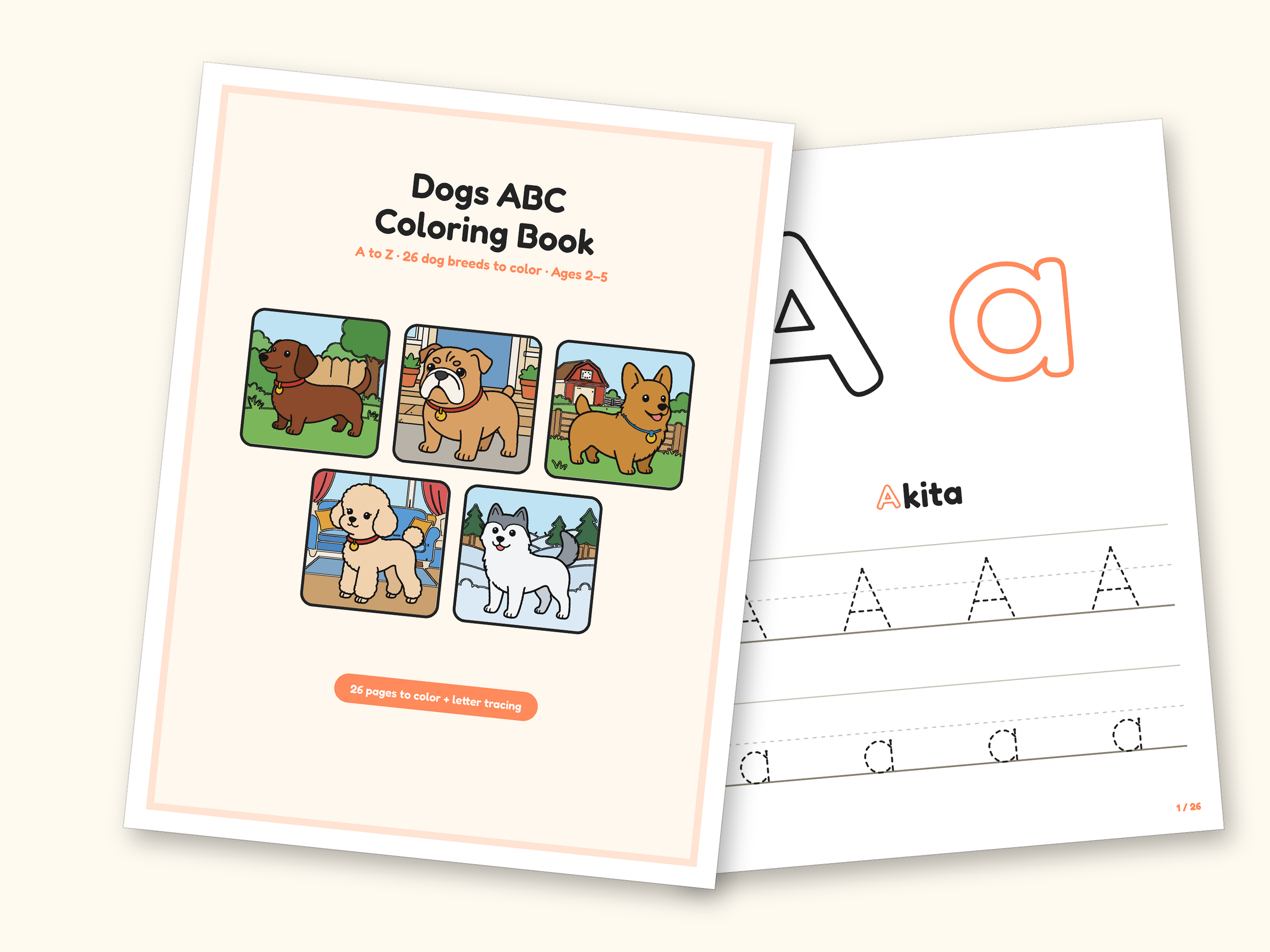 Dog Coloring Pages | ABC Letter Tracing for Kids Ages 2-5 (Digital PDF): cover and an inside page