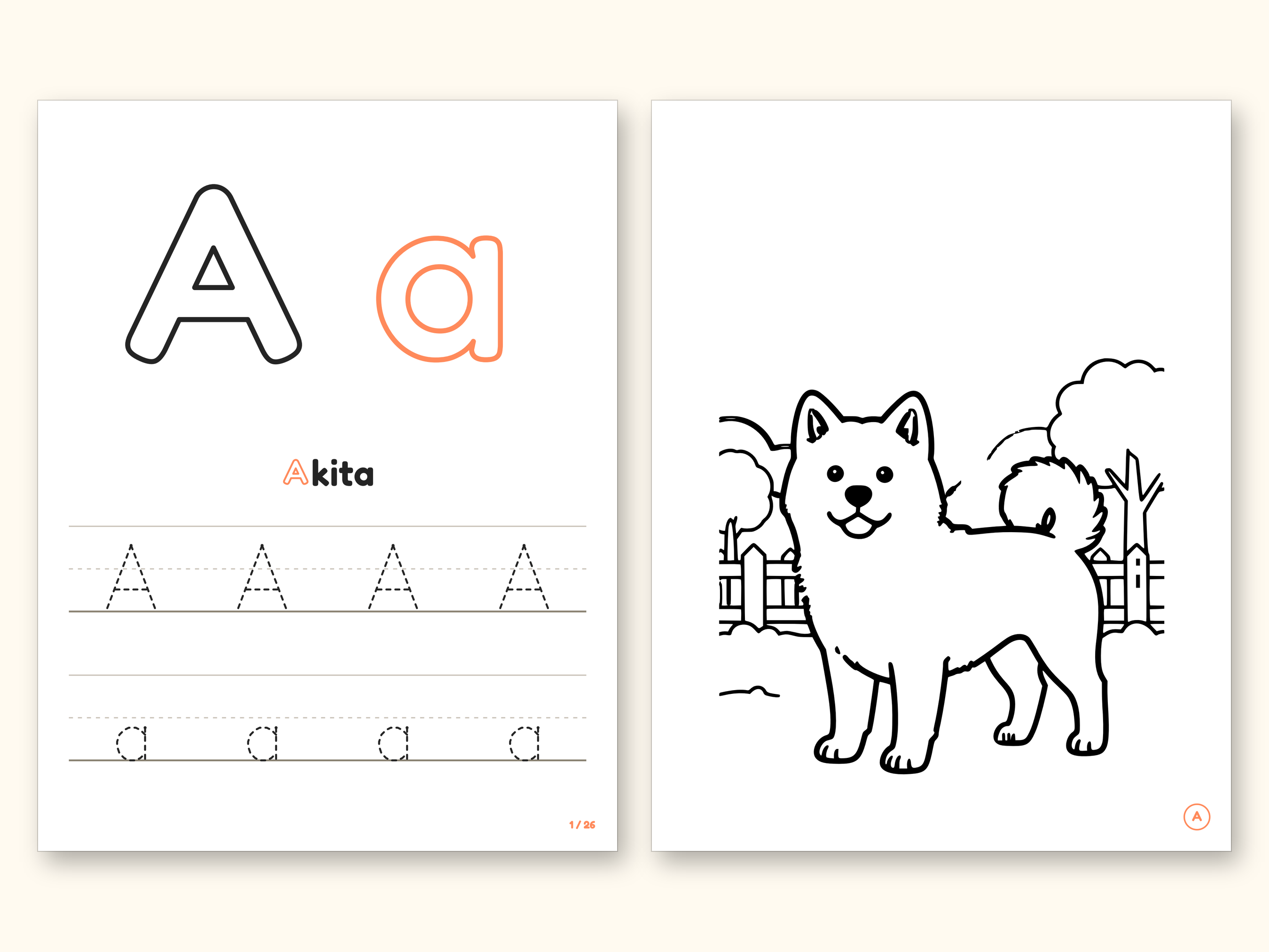 Dog Coloring Pages | ABC Letter Tracing for Kids Ages 2-5 (Digital PDF): pages 3 and 4 side by side