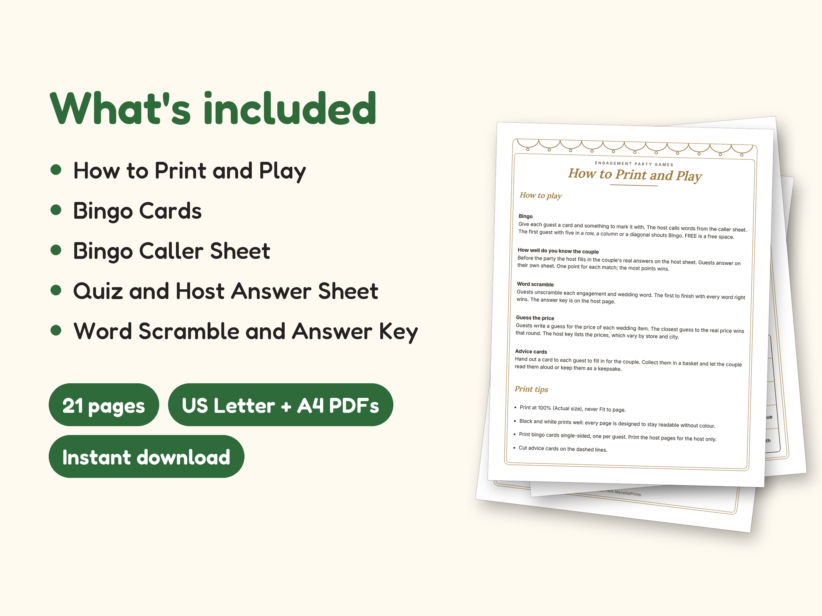 Engagement Party Games | Couple Quiz Bingo Cards for Hosts (Digital PDF): what's included -- 21 pages, US Letter + A4 PDFs, Instant download